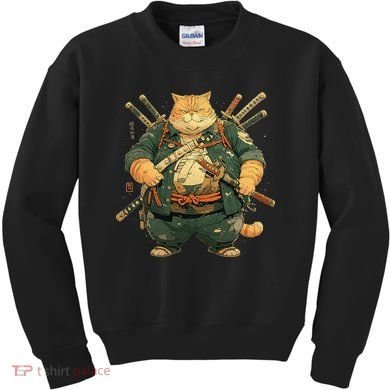 Japanese Art Cat Ninja Ukiyo-e Anime Style Samurai Cat Kids Sweatshirt