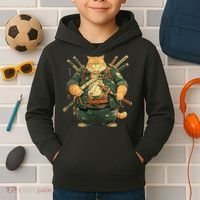 Japanese Art Cat Ninja Ukiyo-e Anime Style Samurai Cat Kids Hoodie thumb 2