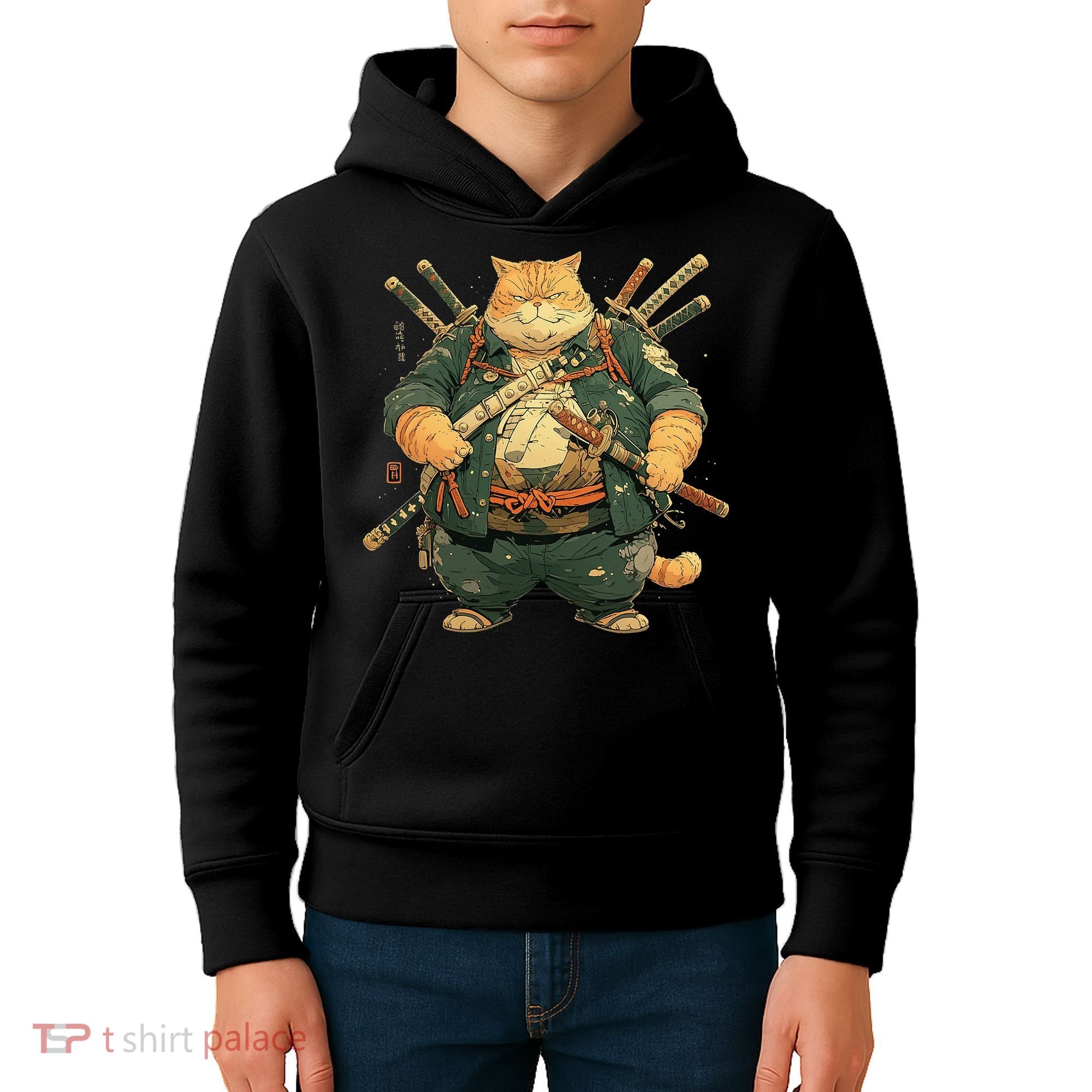 Japanese Art Cat Ninja Ukiyo-e Anime Style Samurai Cat Kids Hoodie