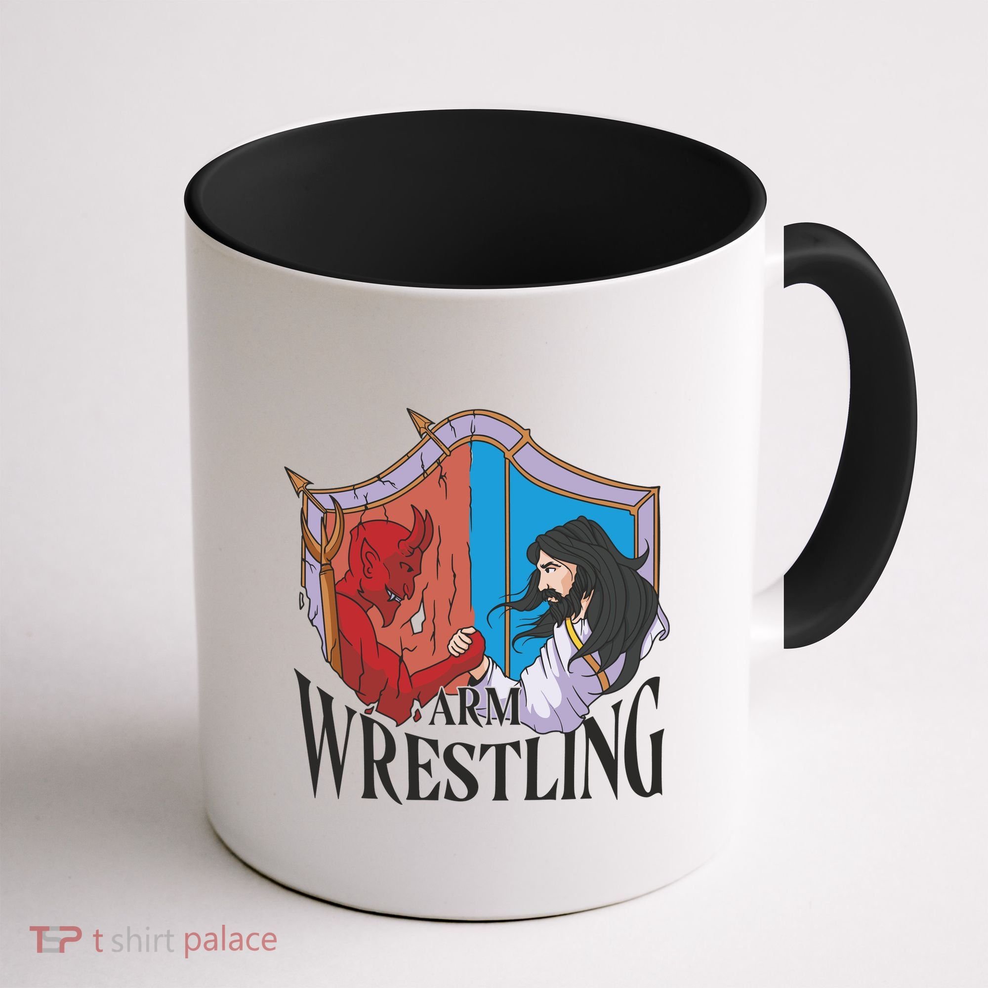 Jesus And Devil Arm Wrestling Coffee Mug
