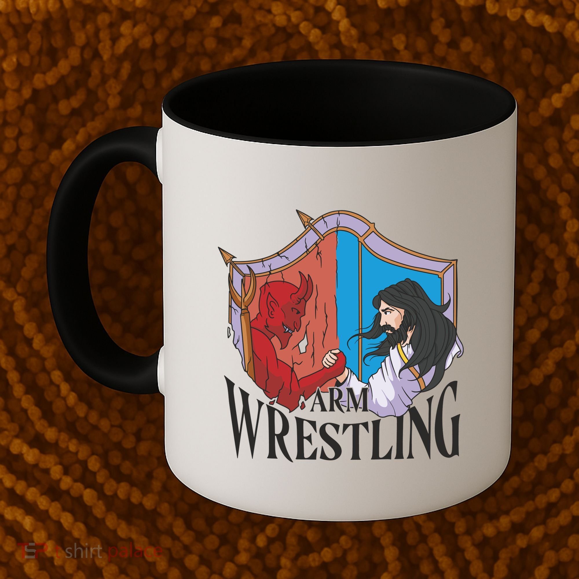 Jesus And Devil Arm Wrestling Coffee Mug