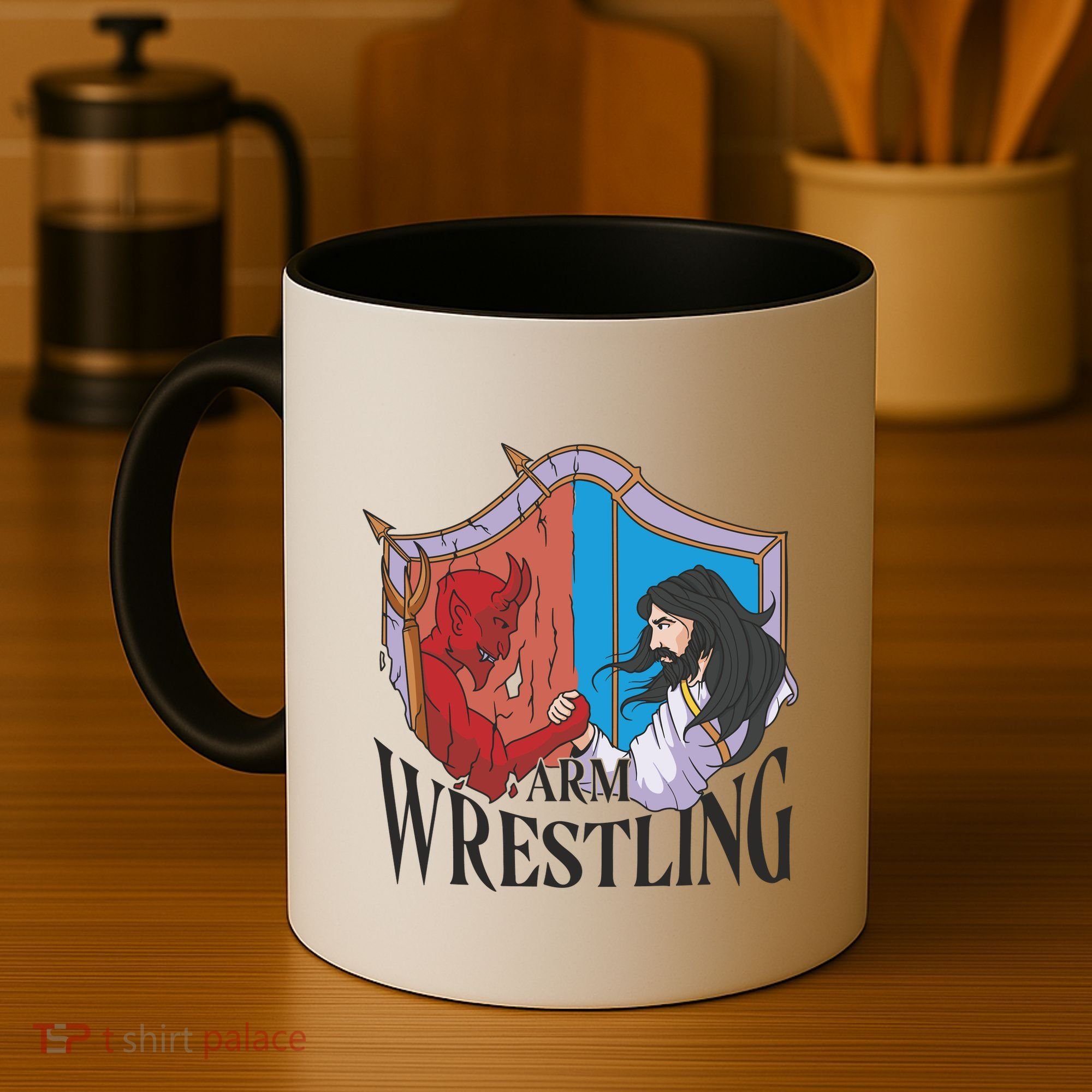 Jesus And Devil Arm Wrestling Coffee Mug