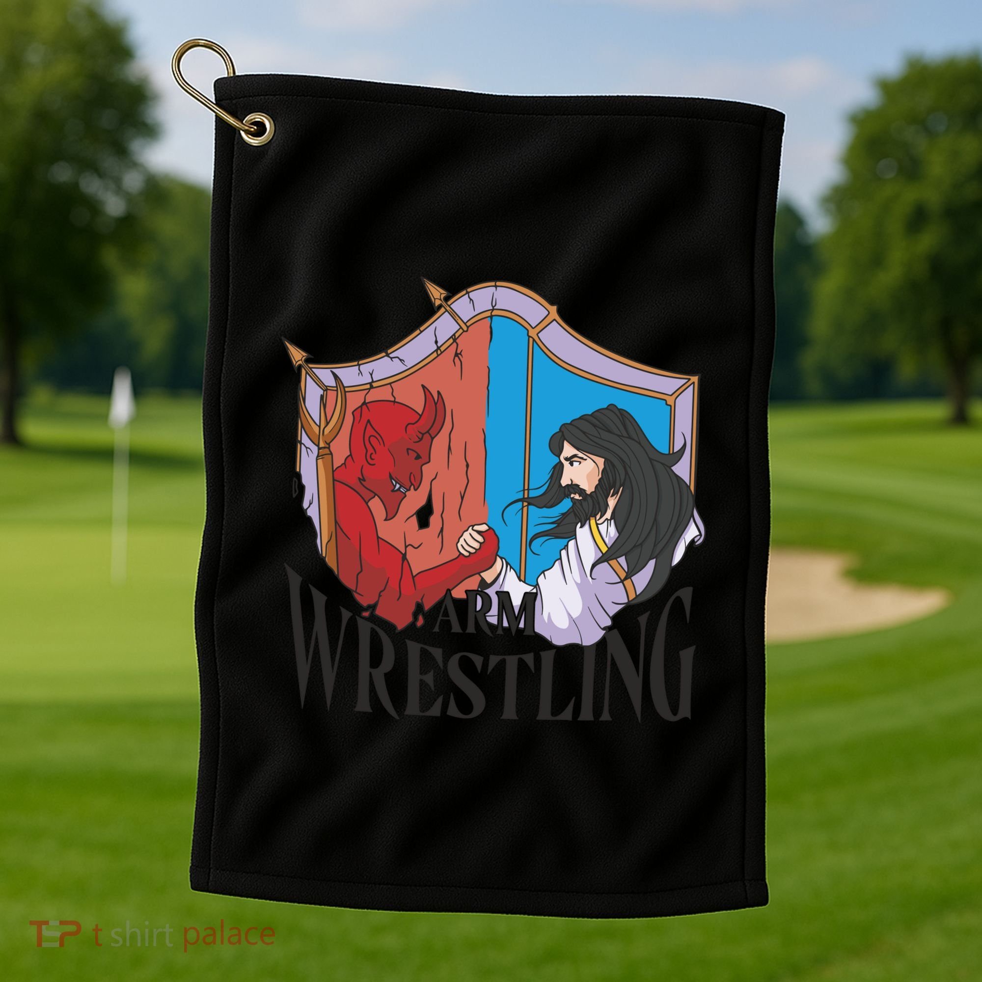 Jesus And Devil Arm Wrestling Golf Towel