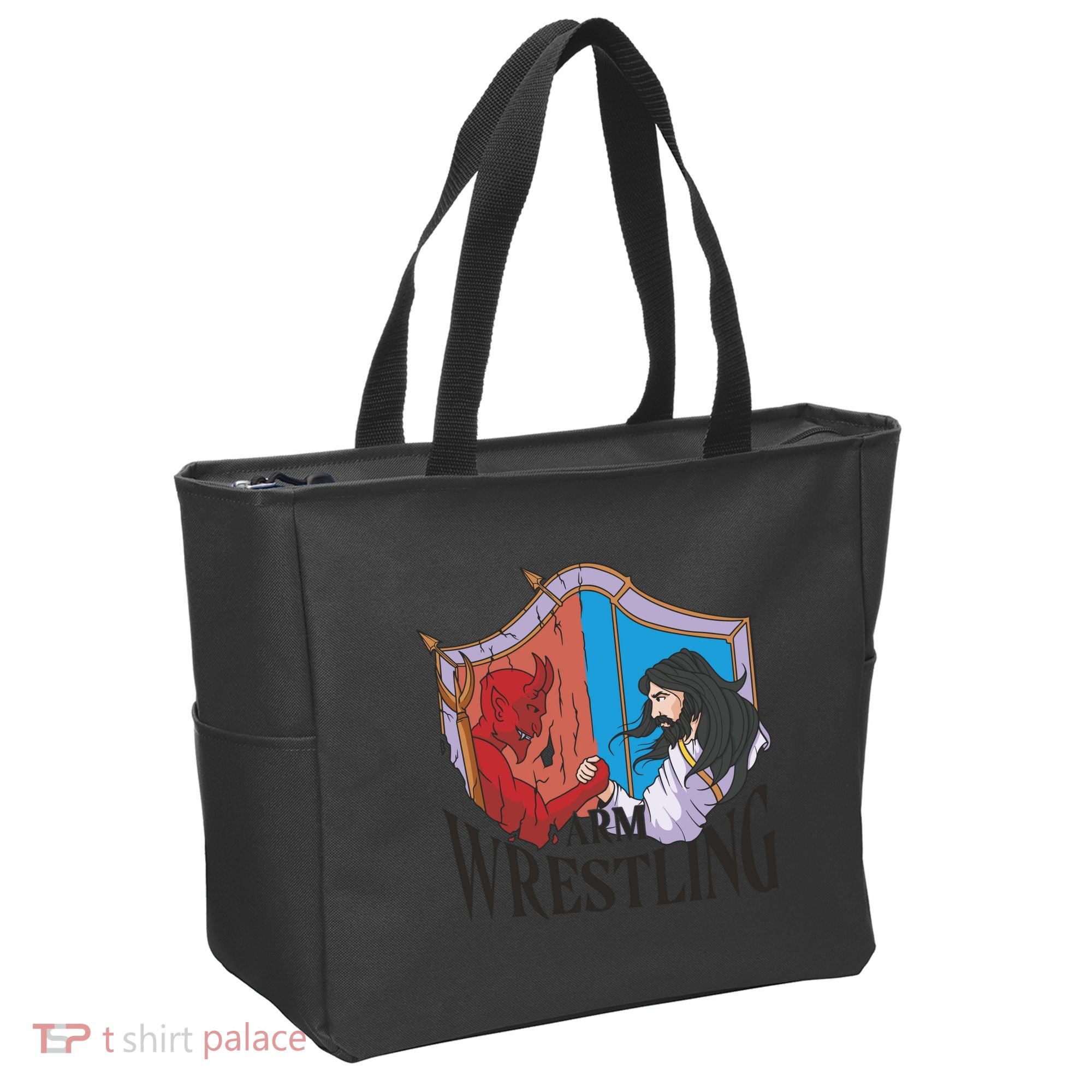 Jesus And Devil Arm Wrestling Tote Bag