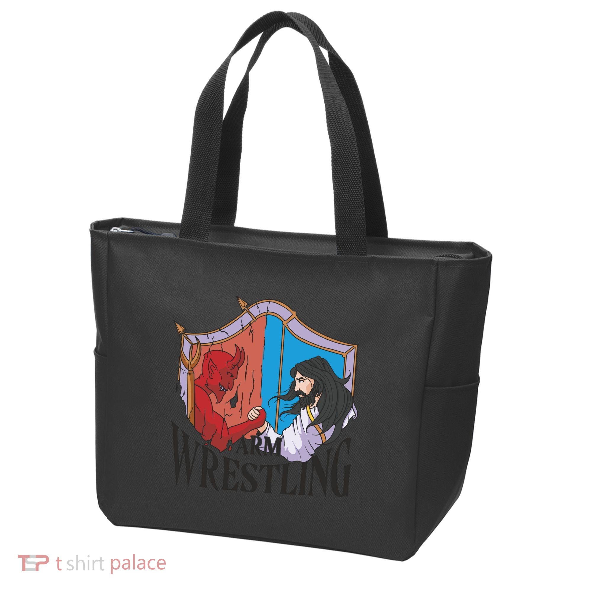 Jesus And Devil Arm Wrestling Tote Bag