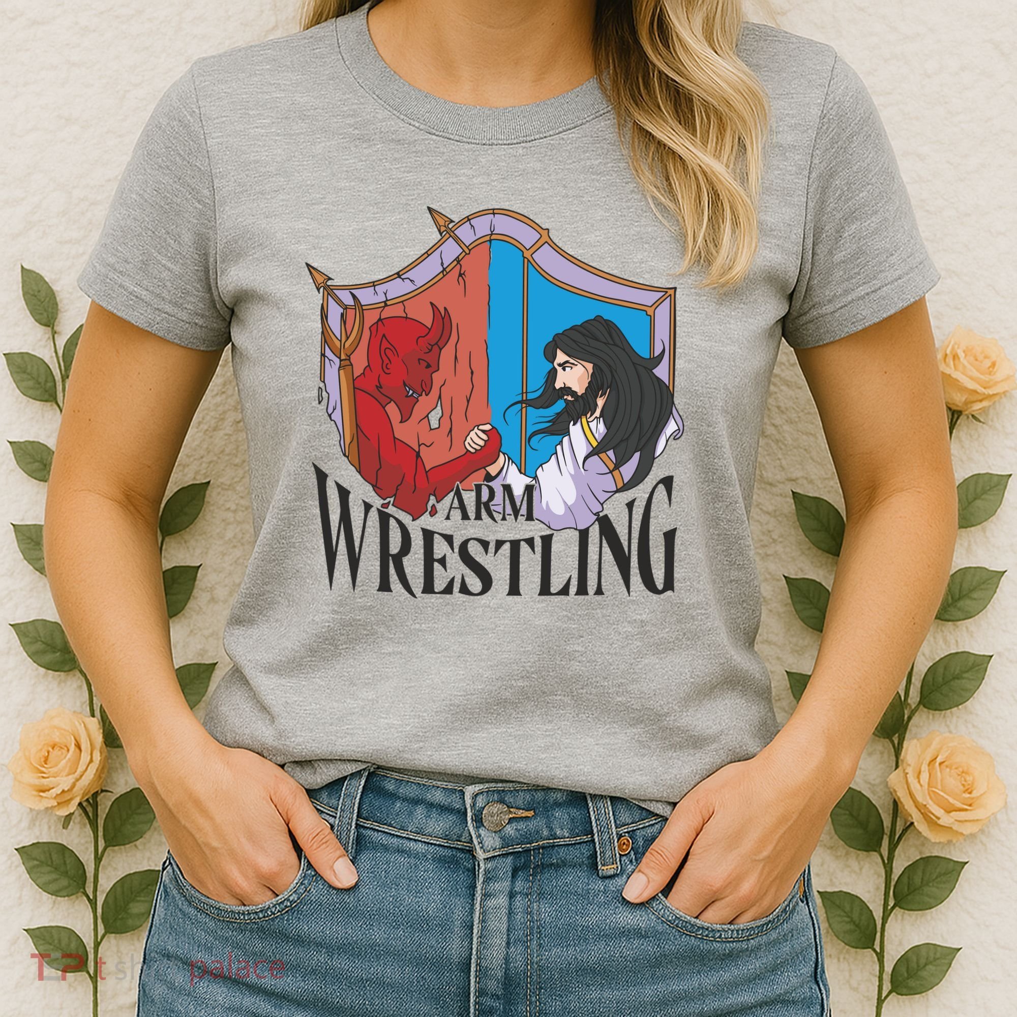 Jesus And Devil Arm Wrestling Women's T-Shirt