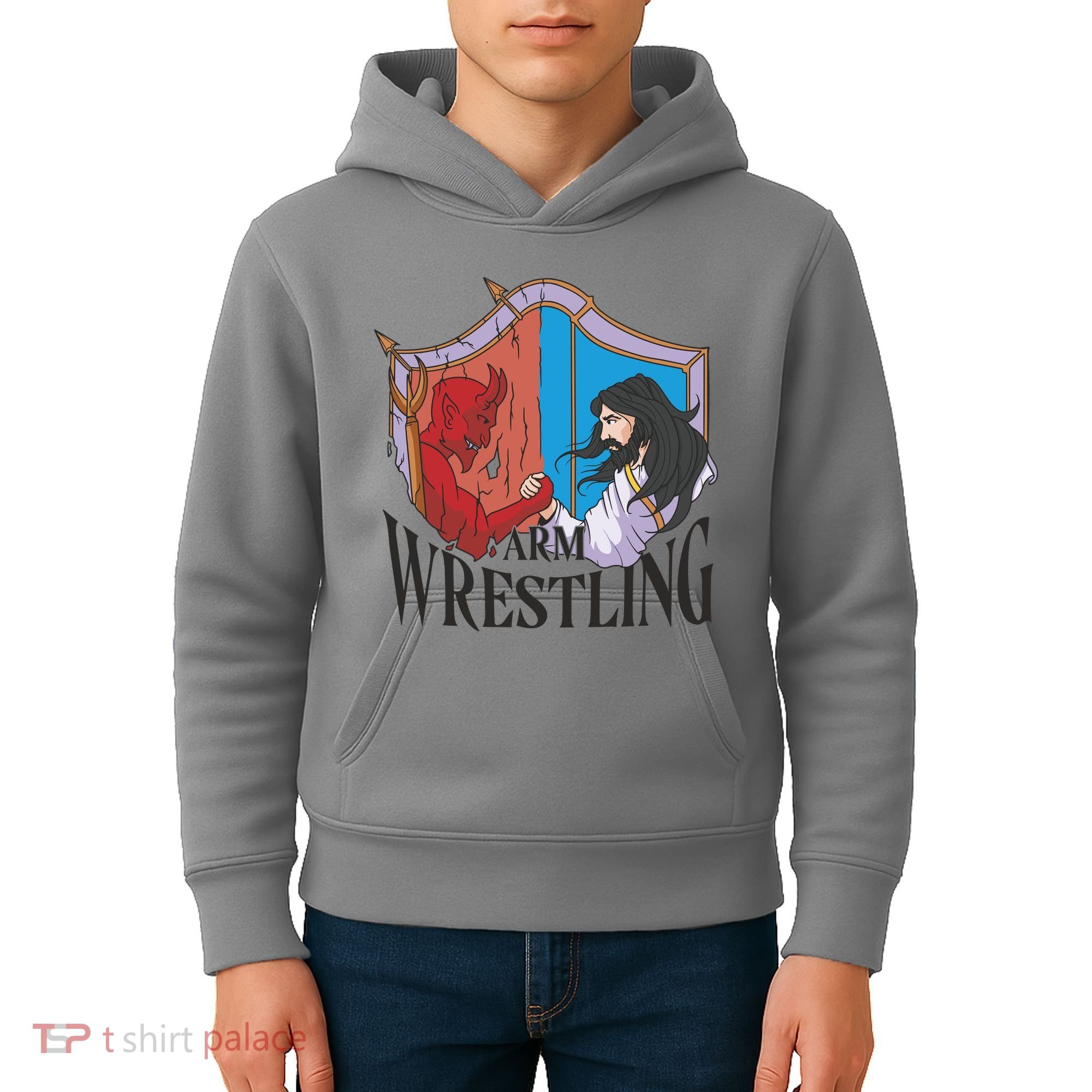 Jesus And Devil Arm Wrestling Kids Hoodie