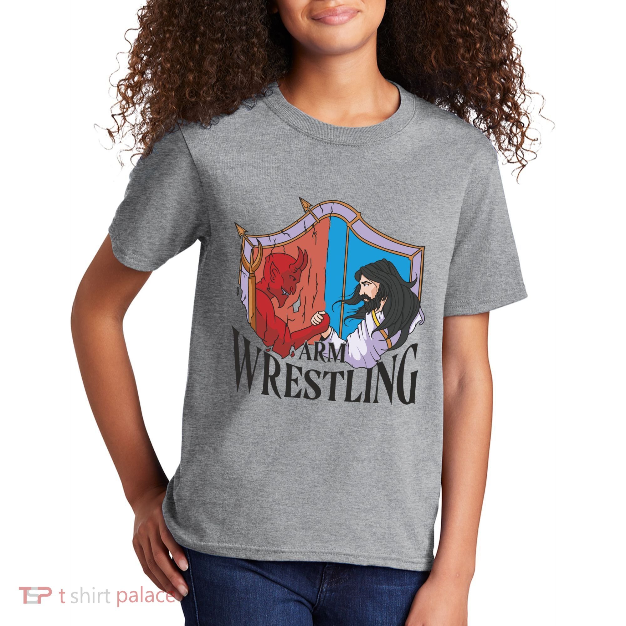 Jesus And Devil Arm Wrestling Kids T-Shirt