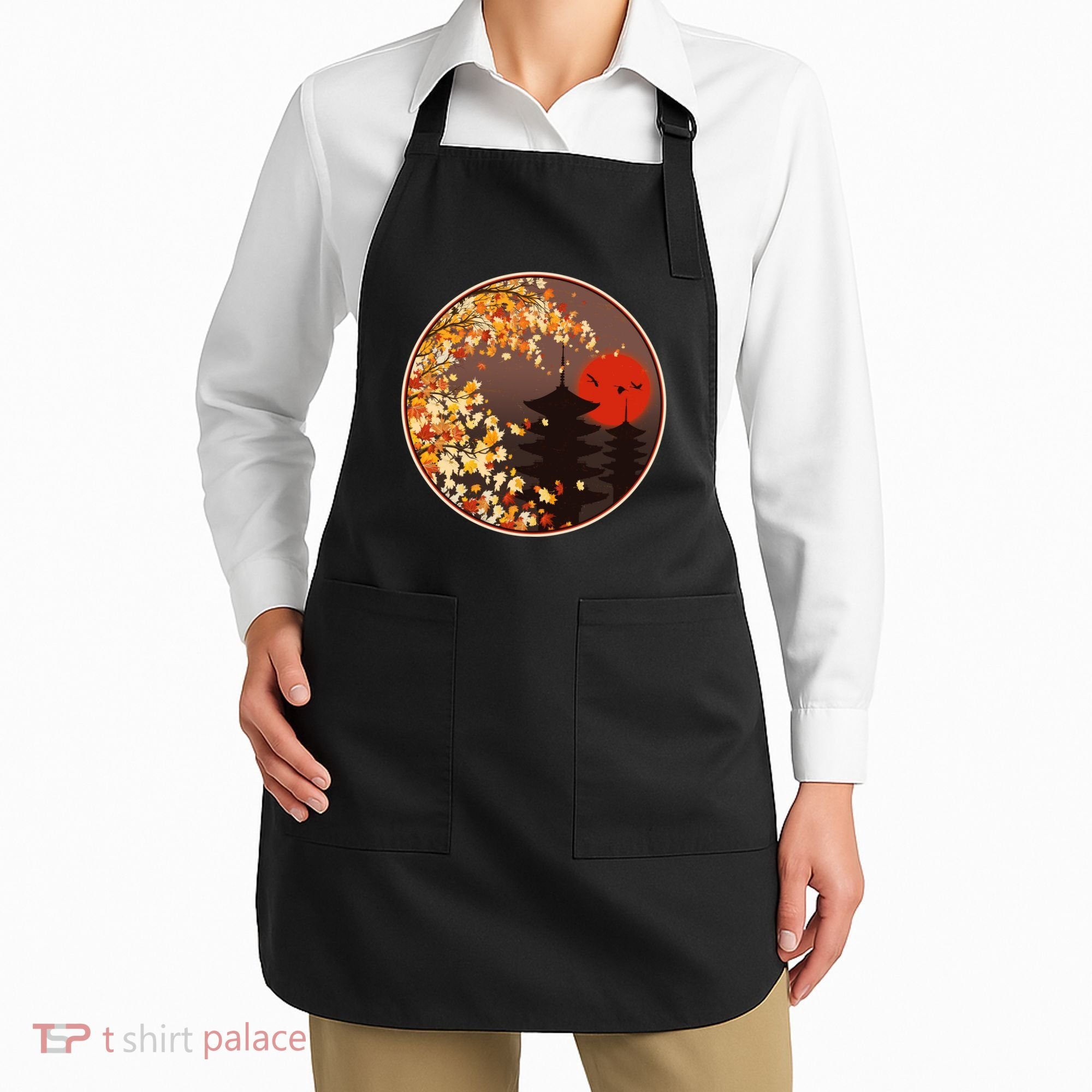 Japanese Autumn Fall Leaves Pagodas Apron