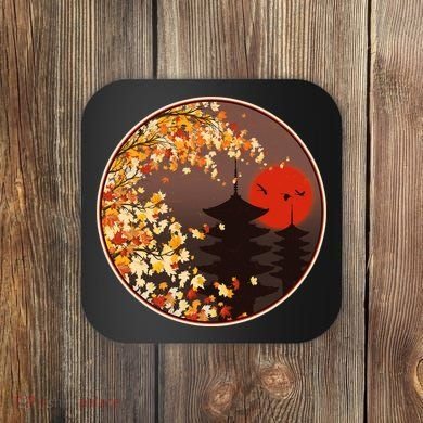 Japanese Autumn Fall Leaves Pagodas Coaster