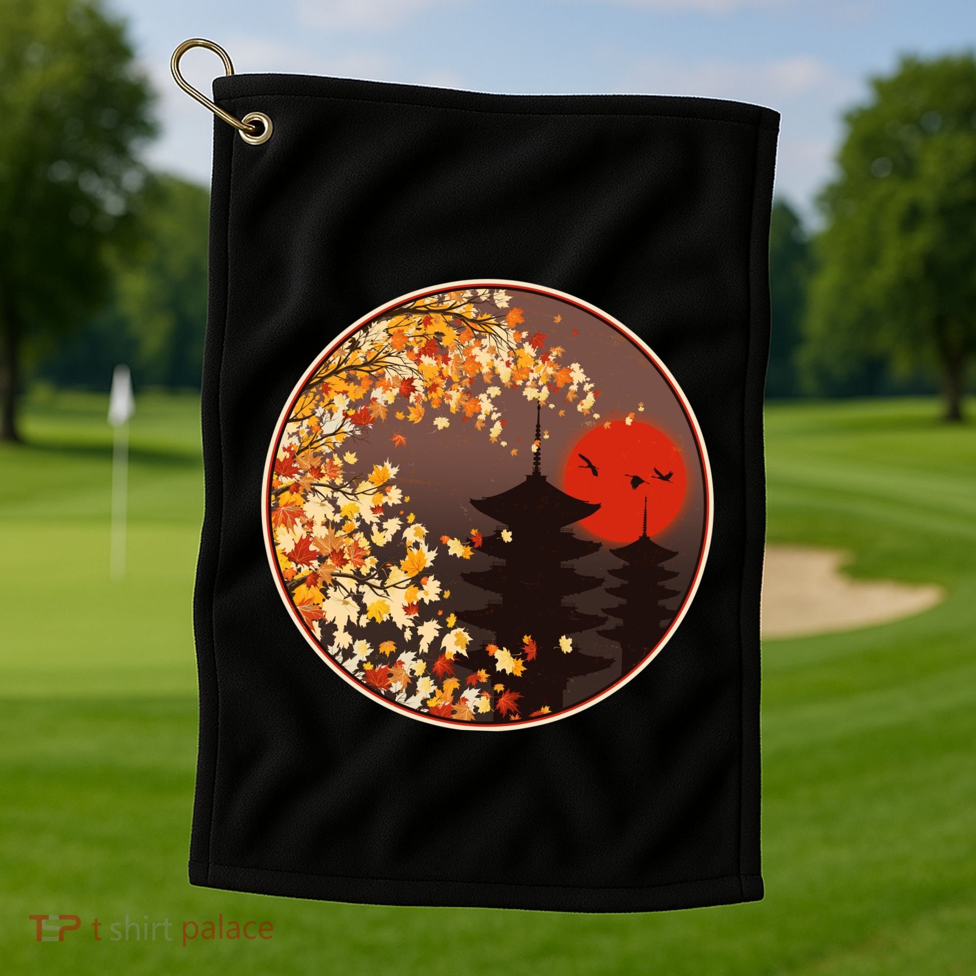 Japanese Autumn Fall Leaves Pagodas Golf Towel