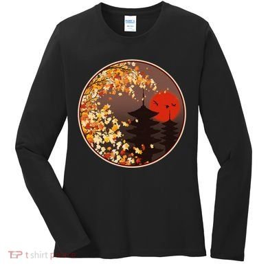 Japanese Autumn Fall Leaves Pagodas Women's Long Sleeve Shirt