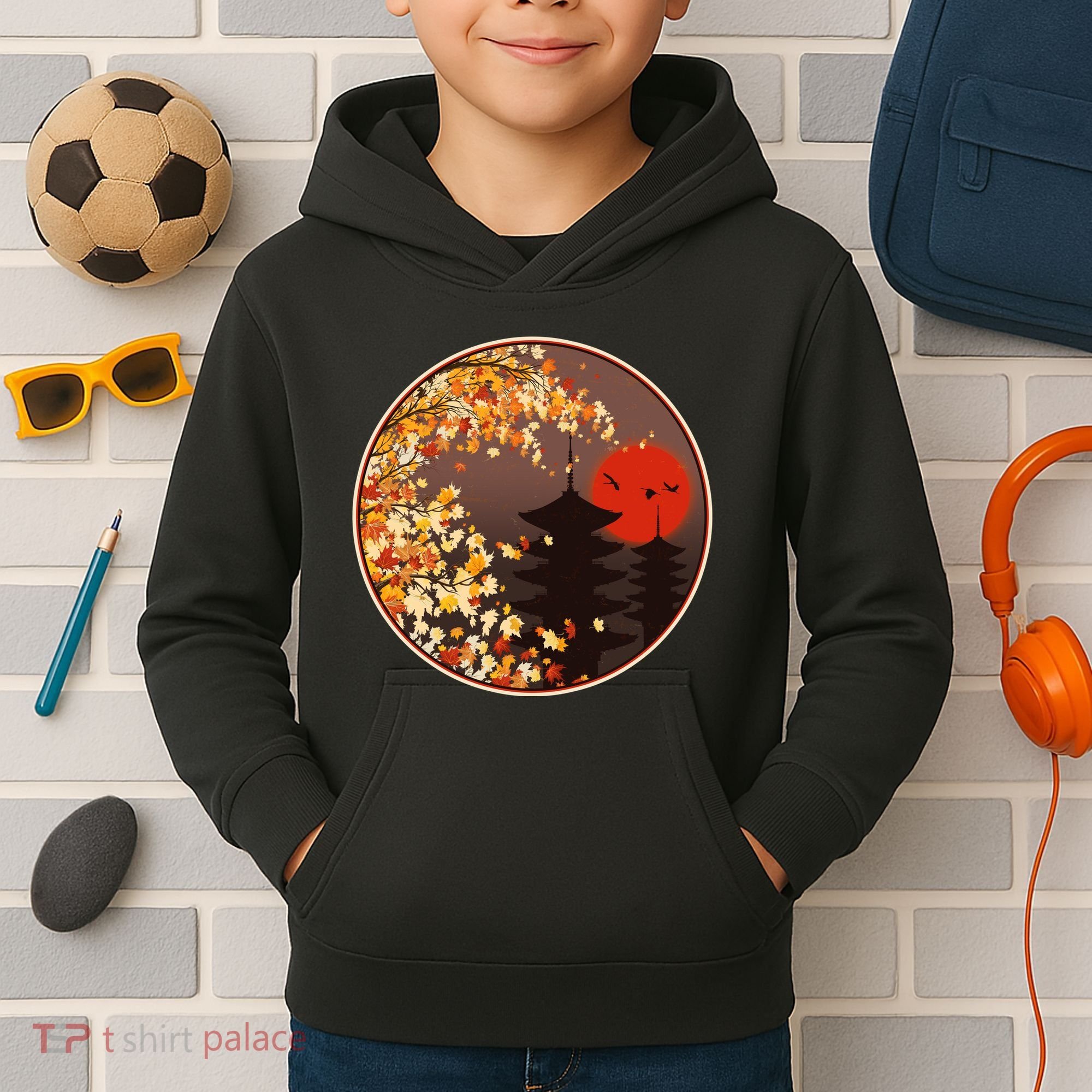 Japanese Autumn Fall Leaves Pagodas Kids Hoodie