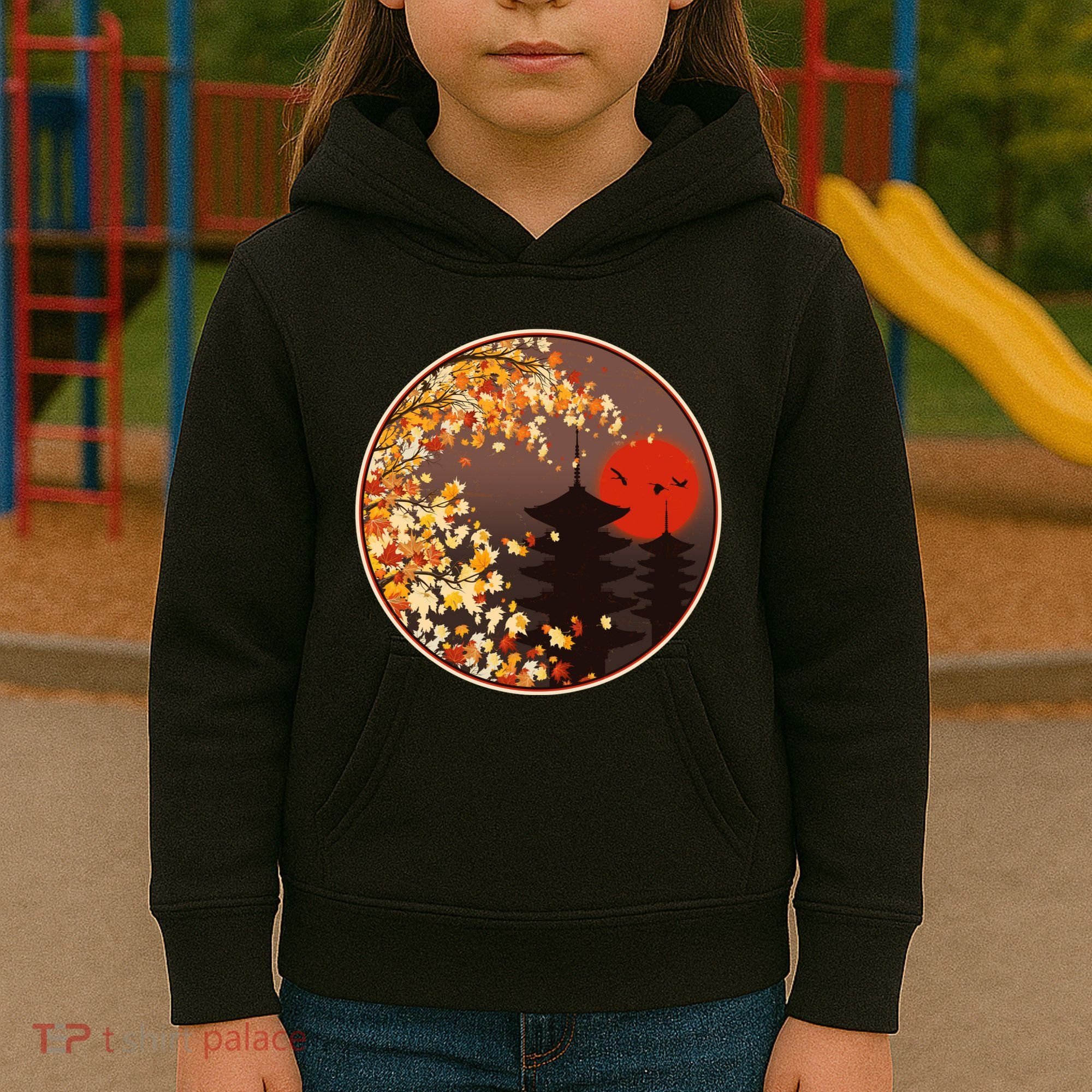 Japanese Autumn Fall Leaves Pagodas Kids Hoodie