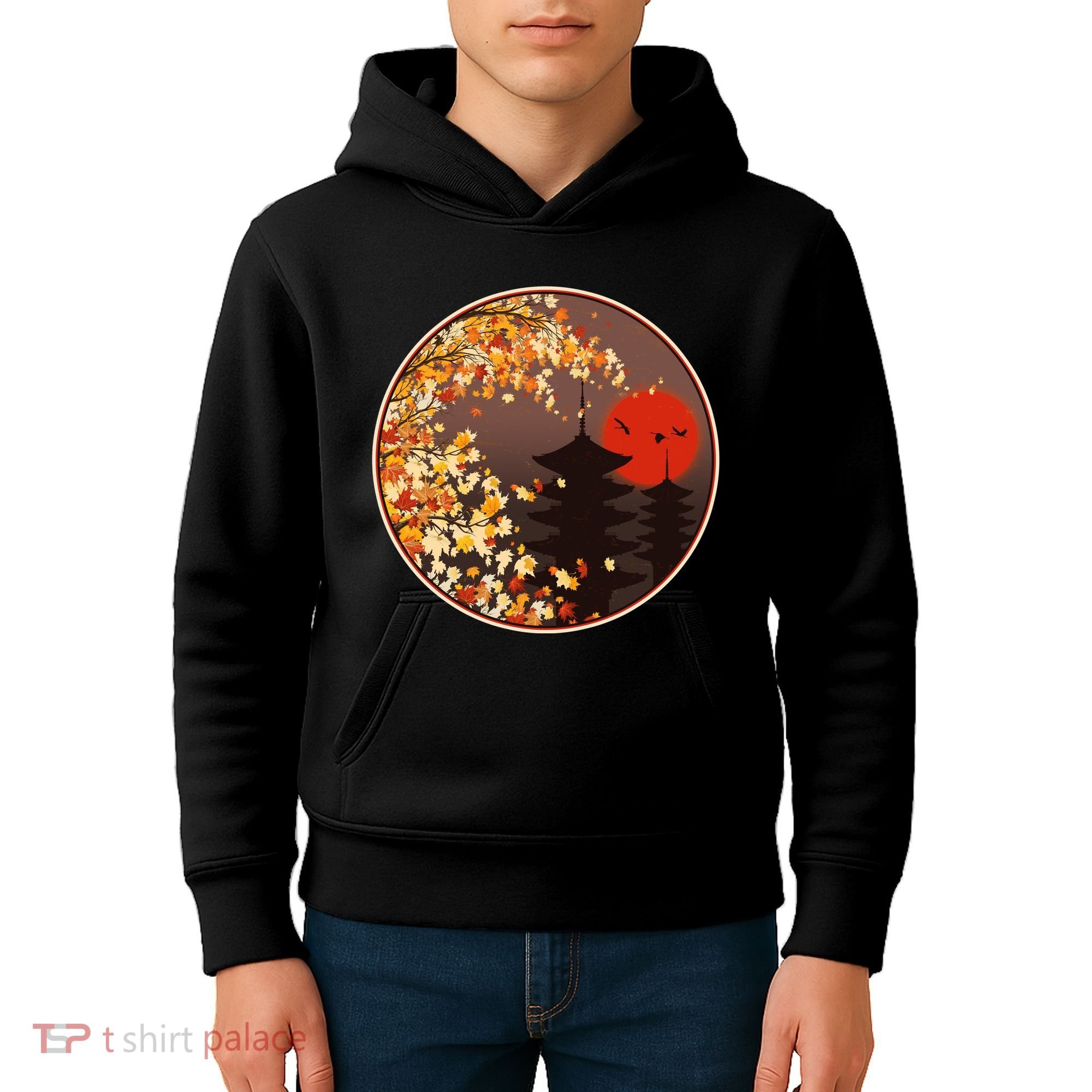 Japanese Autumn Fall Leaves Pagodas Kids Hoodie