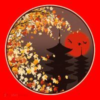 Japanese Autumn Fall Leaves Pagodas Santa Hat thumb 1