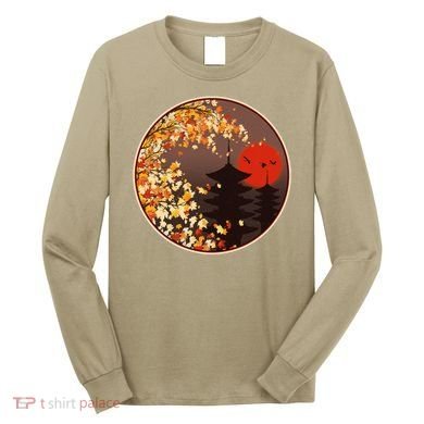 Japanese Autumn Fall Leaves Pagodas Long Sleeve Shirt