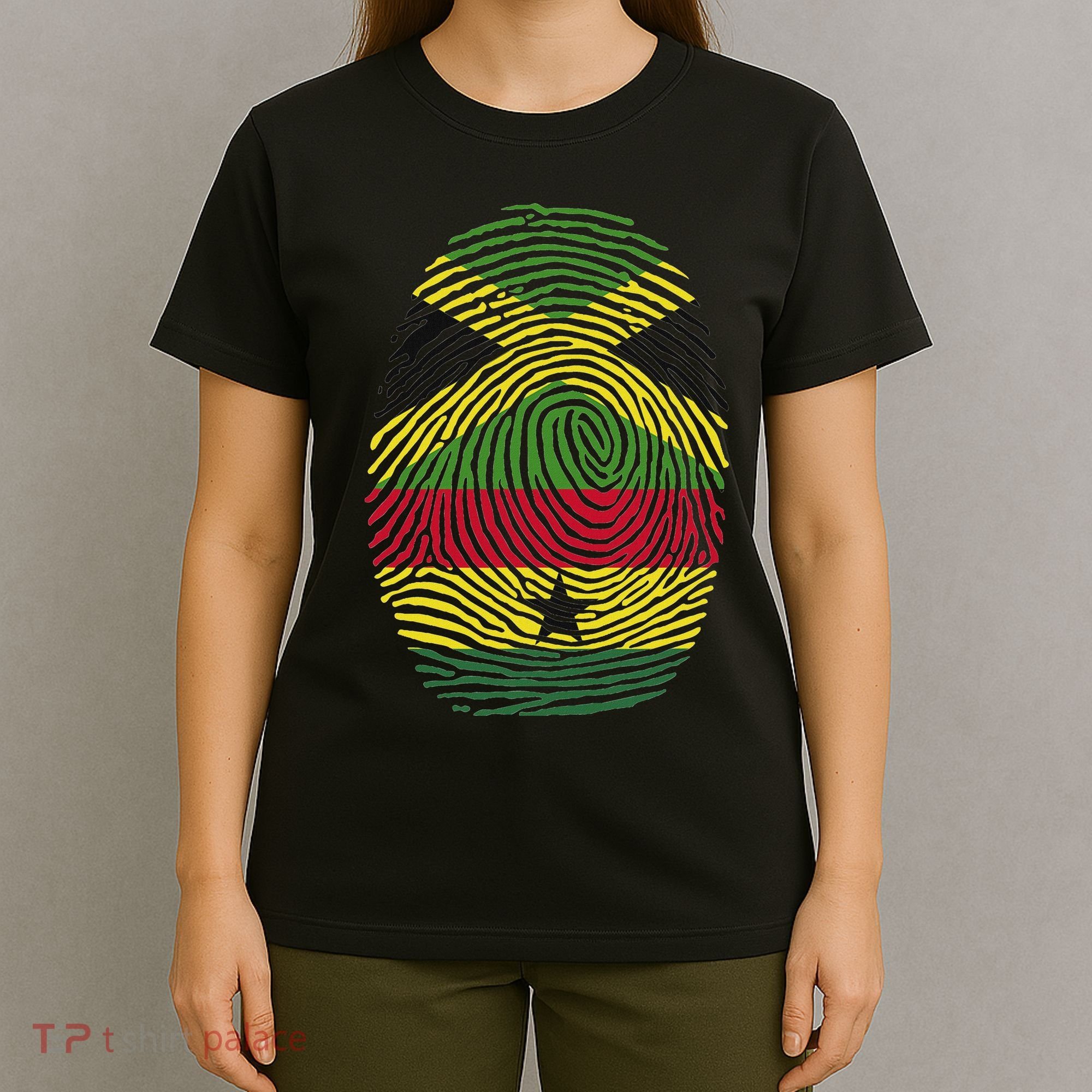 Jamaica And Ghana Fingerprint Half Jamaican Ghanaian Roots T-Shirt