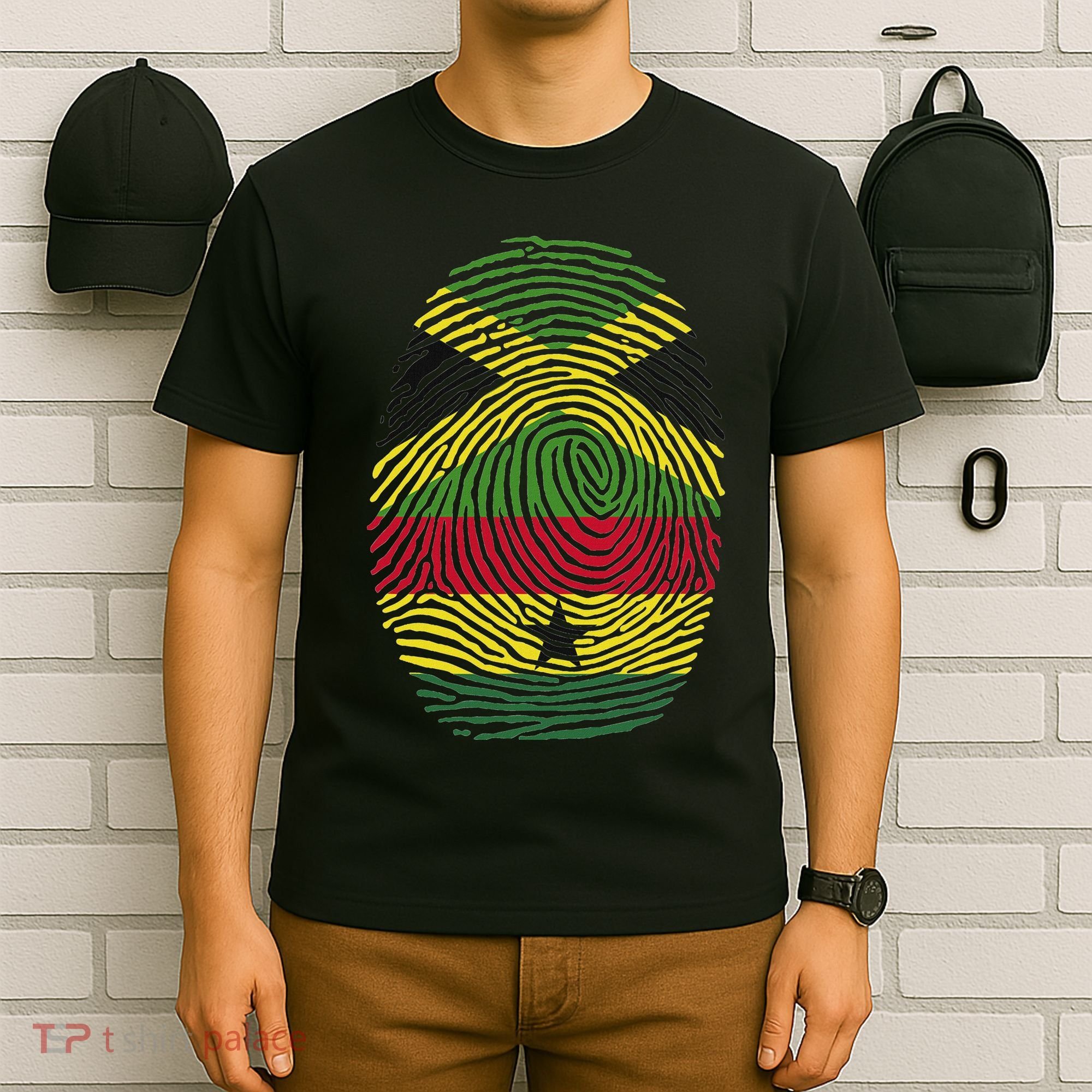 Jamaica And Ghana Fingerprint Half Jamaican Ghanaian Roots T-Shirt