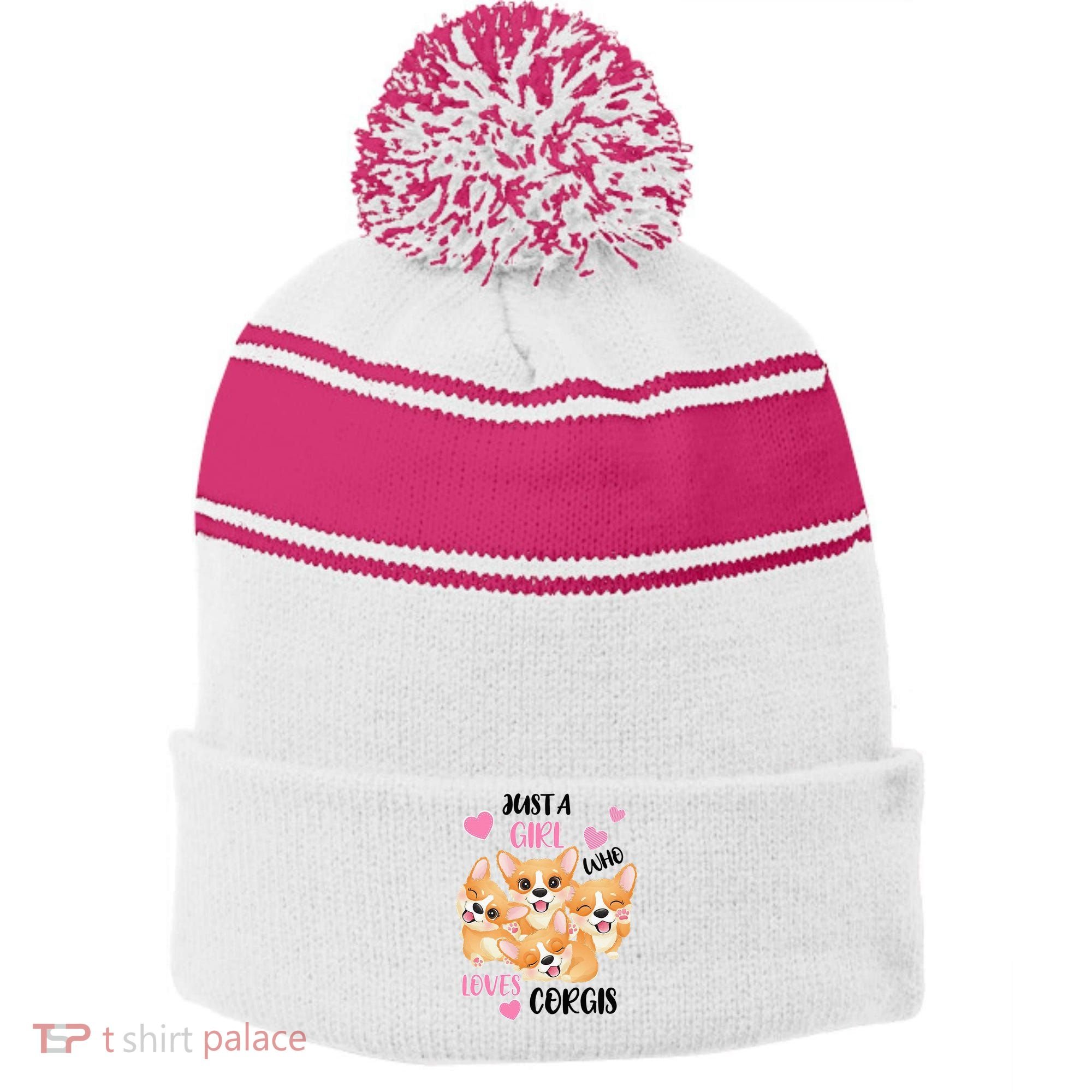 Just A Girl Who Loves Corgis Stripe Pom Pom Beanie