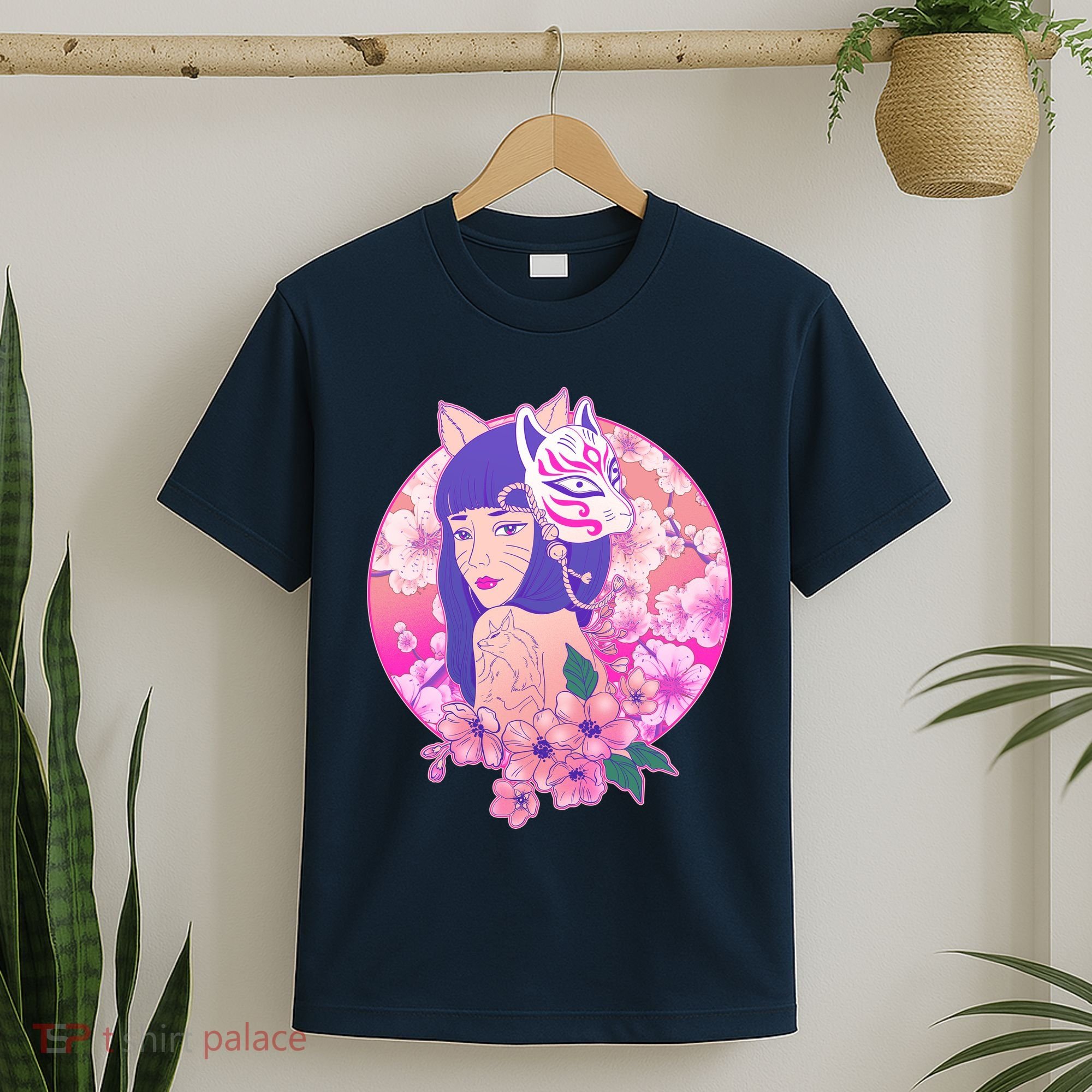 Japanese Cherry Blossoms Kitsune Fox Girl T-Shirt