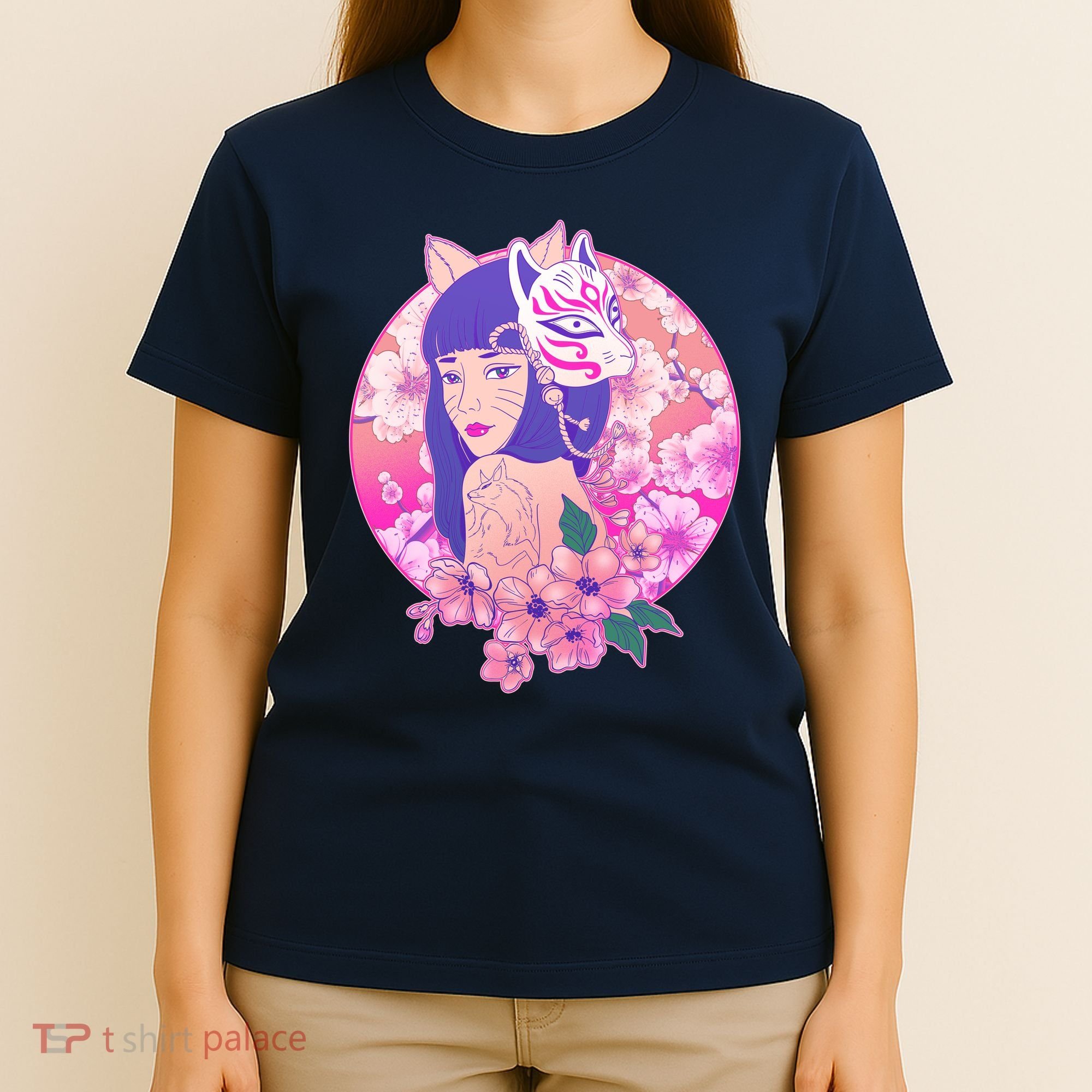 Japanese Cherry Blossoms Kitsune Fox Girl T-Shirt