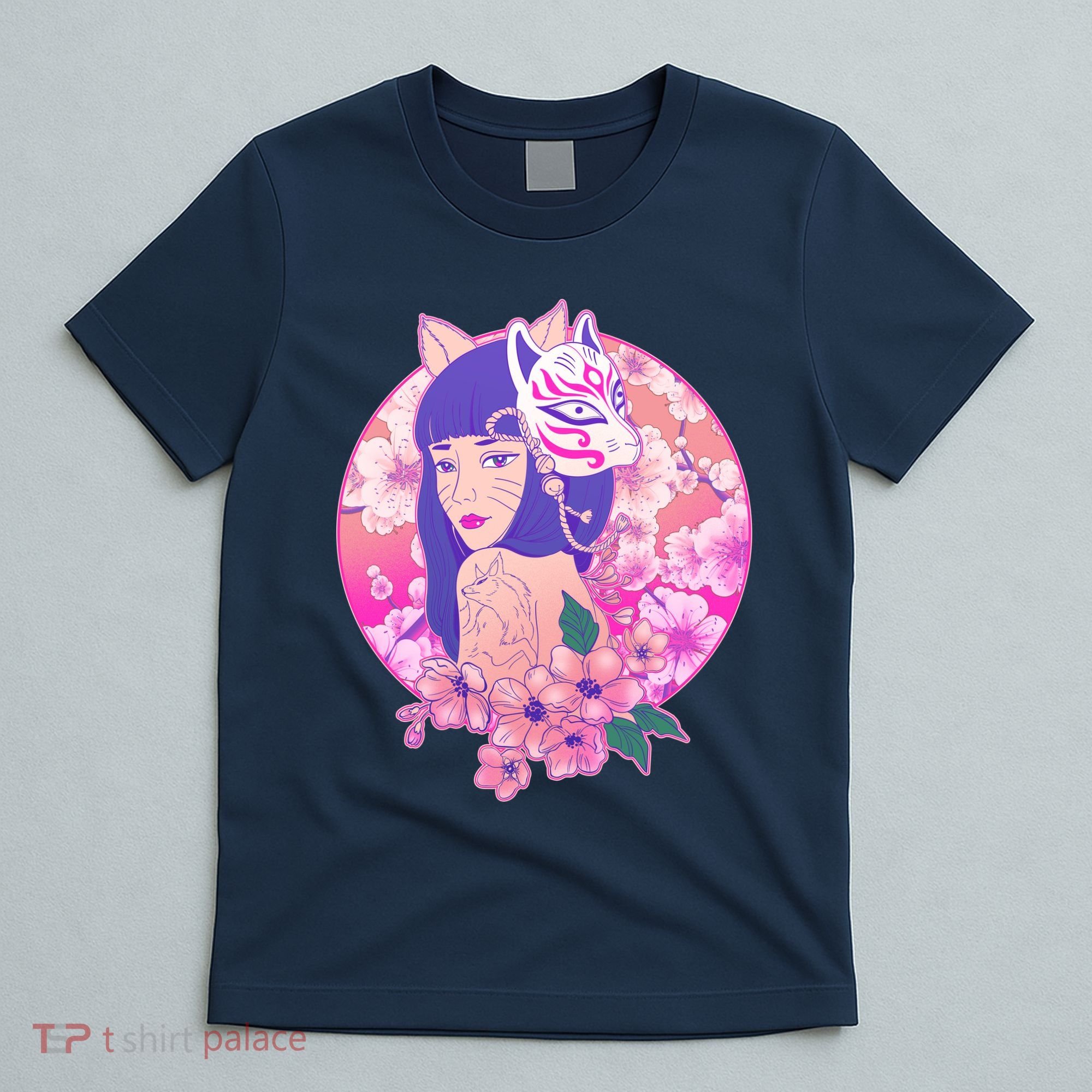 Japanese Cherry Blossoms Kitsune Fox Girl T-Shirt