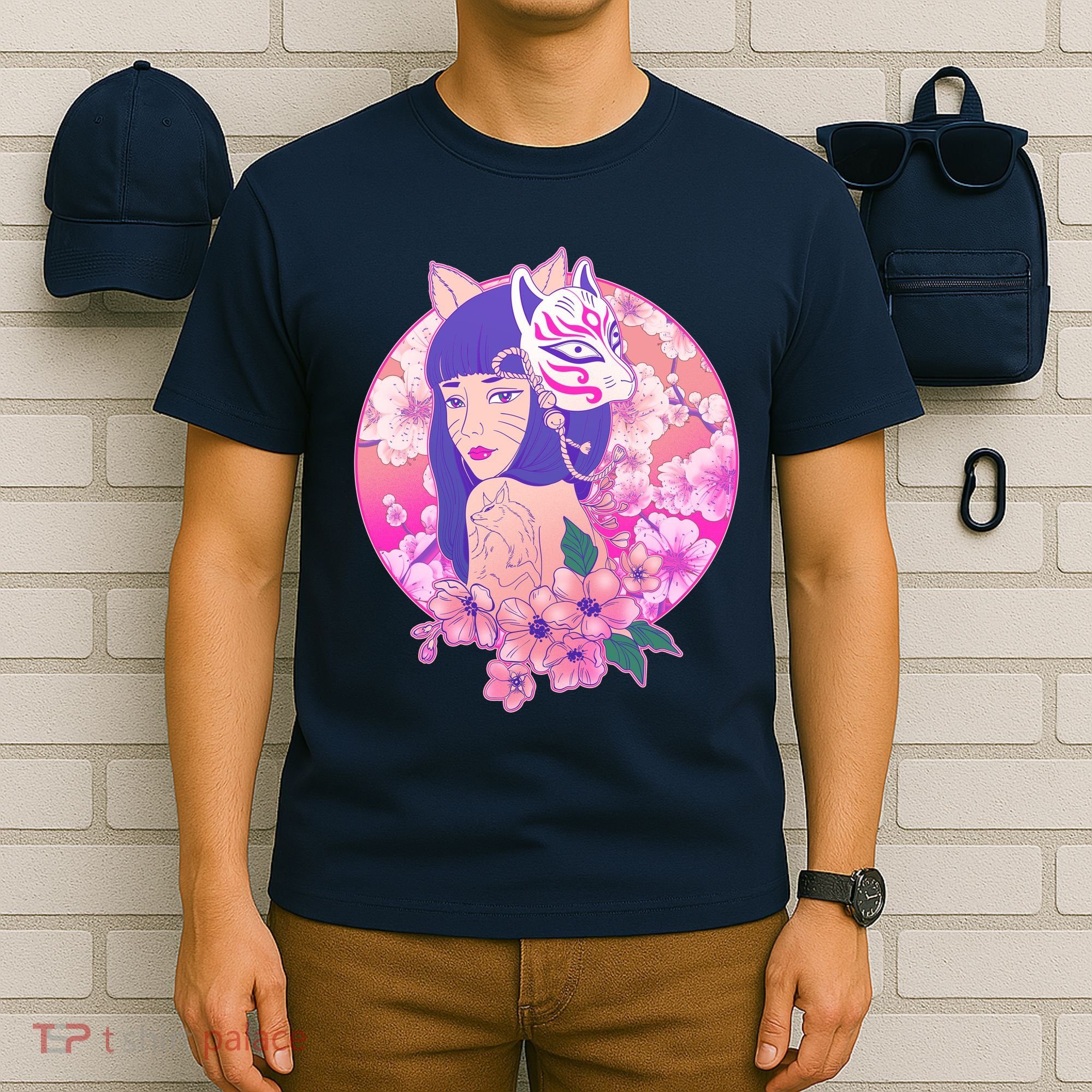 Japanese Cherry Blossoms Kitsune Fox Girl T-Shirt