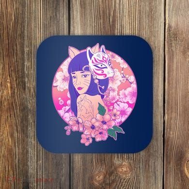 Japanese Cherry Blossoms Kitsune Fox Girl Coaster