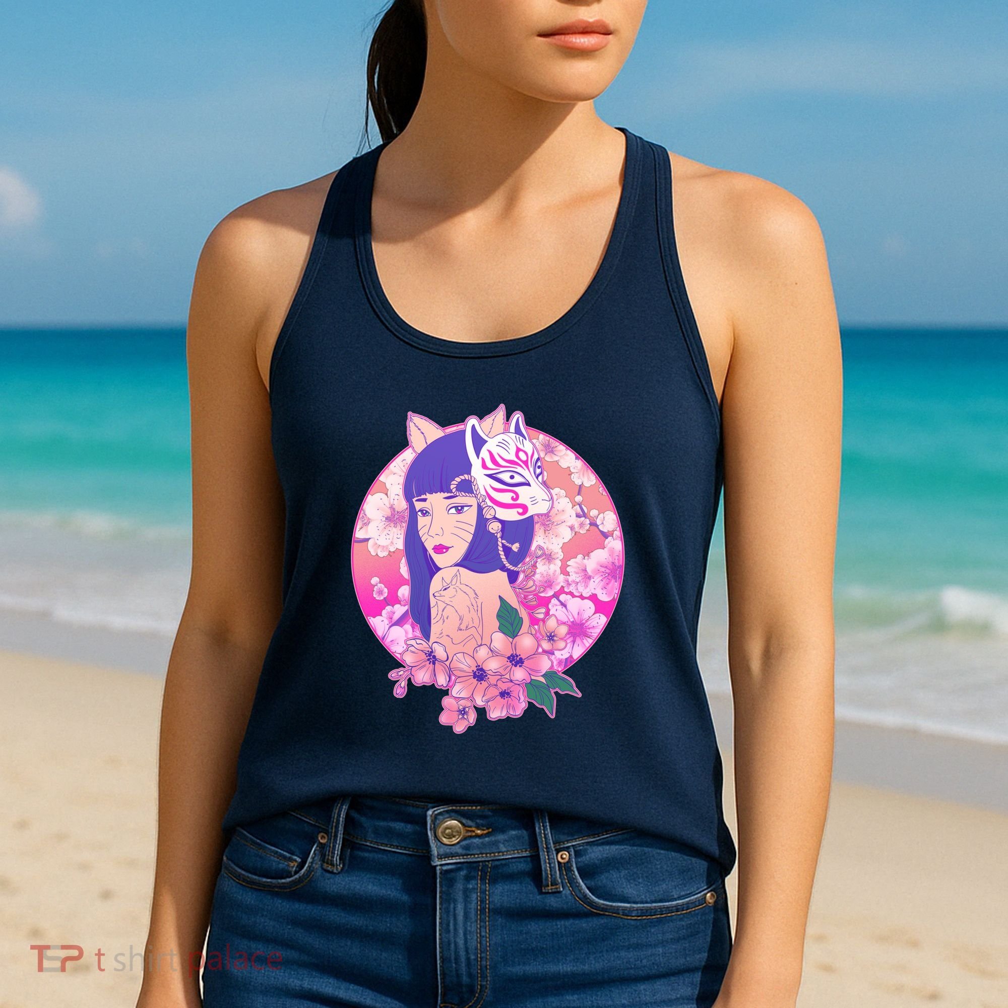 Japanese Cherry Blossoms Kitsune Fox Girl Women's Tank Top