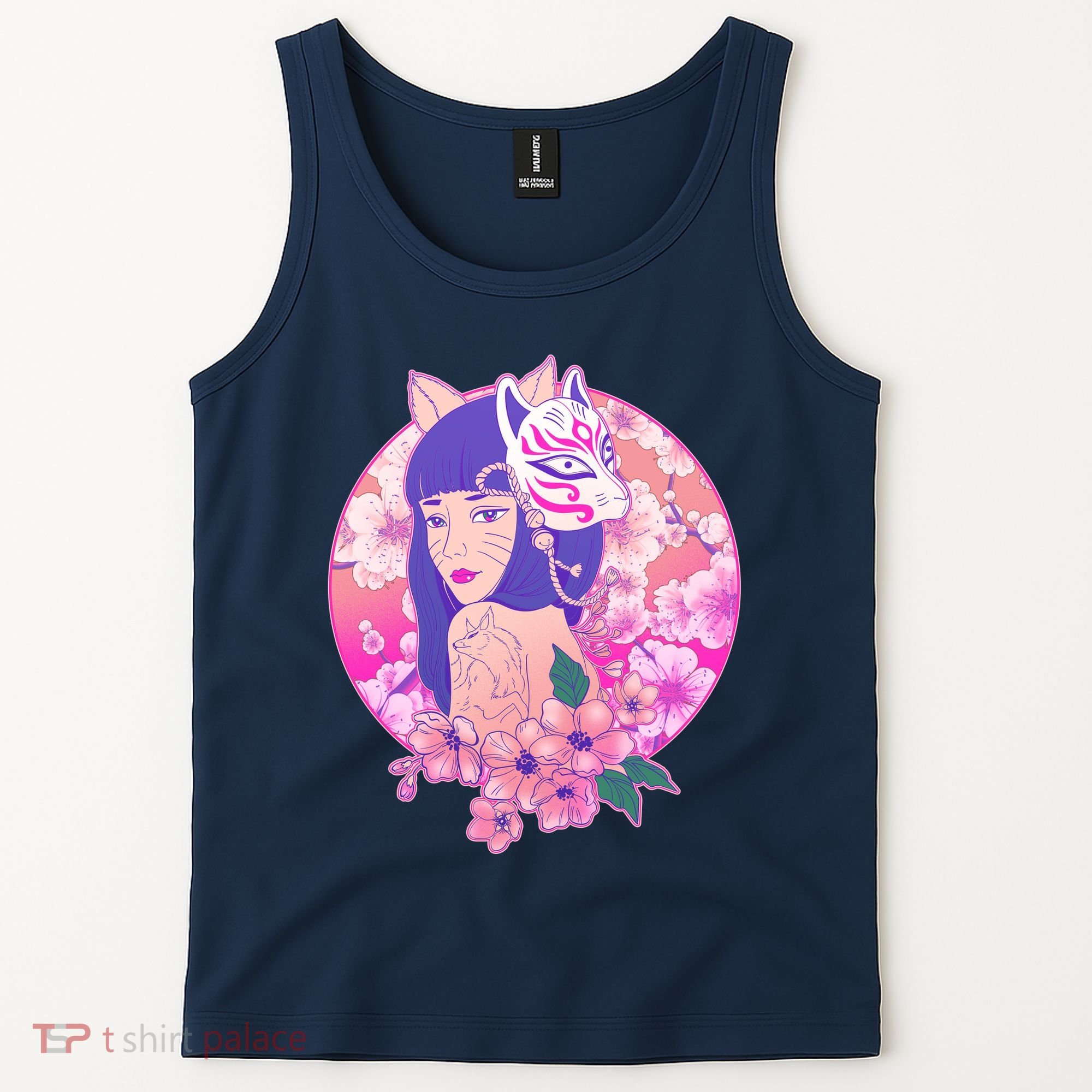 Japanese Cherry Blossoms Kitsune Fox Girl Tank Top