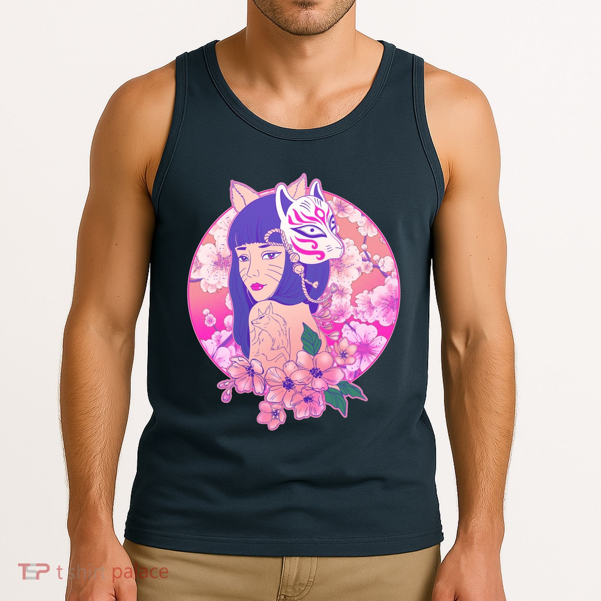 Japanese Cherry Blossoms Kitsune Fox Girl Tank Top