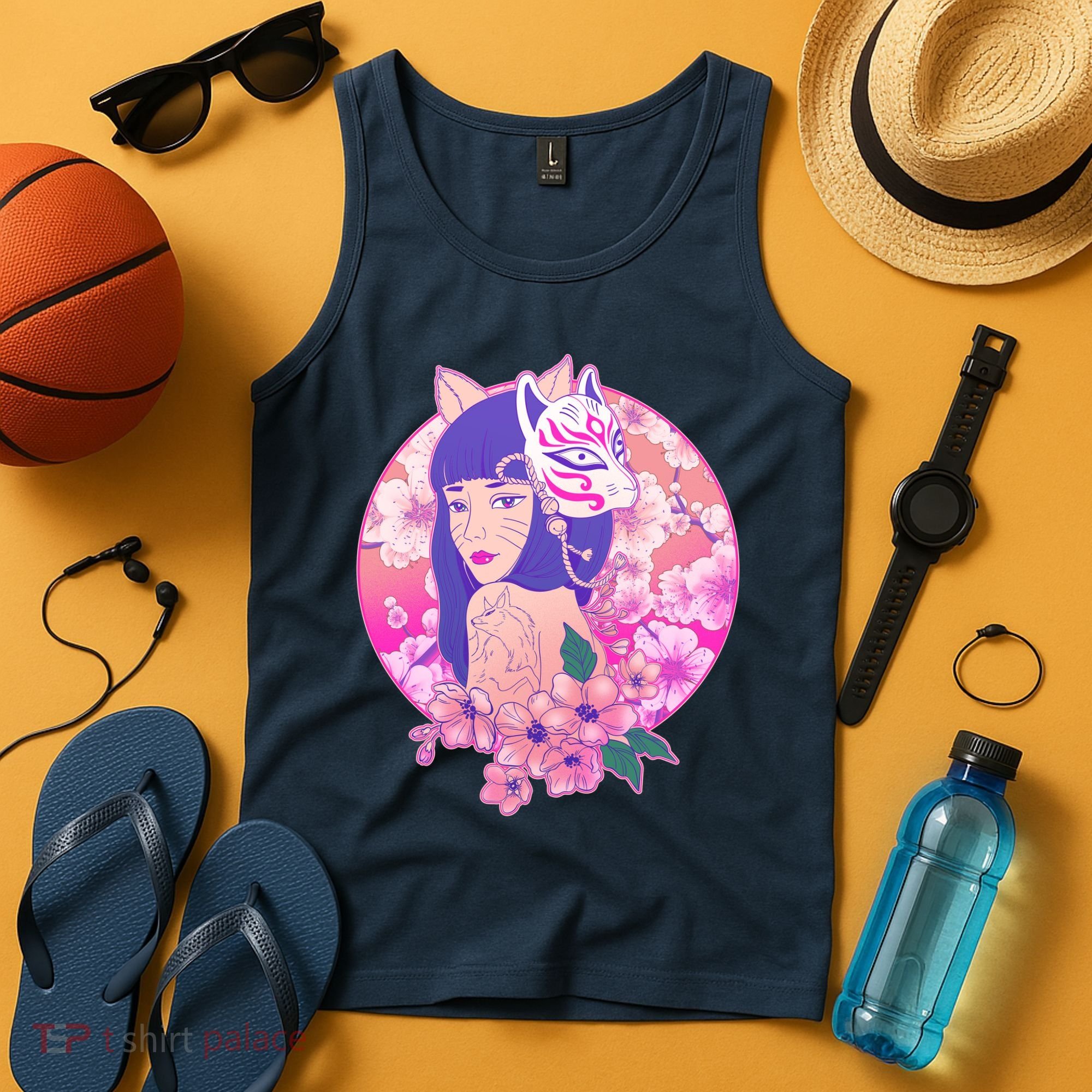 Japanese Cherry Blossoms Kitsune Fox Girl Tank Top