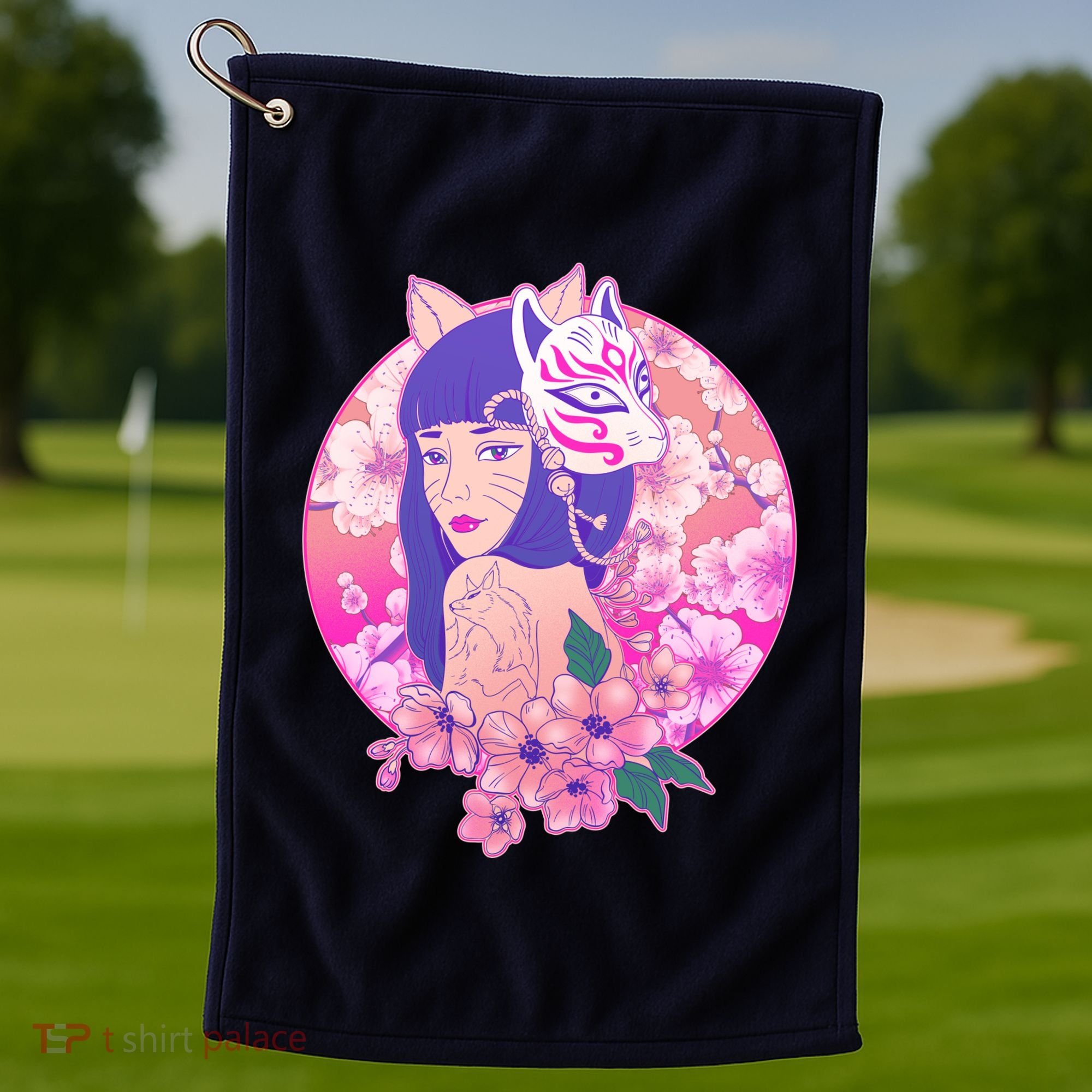 Japanese Cherry Blossoms Kitsune Fox Girl Golf Towel