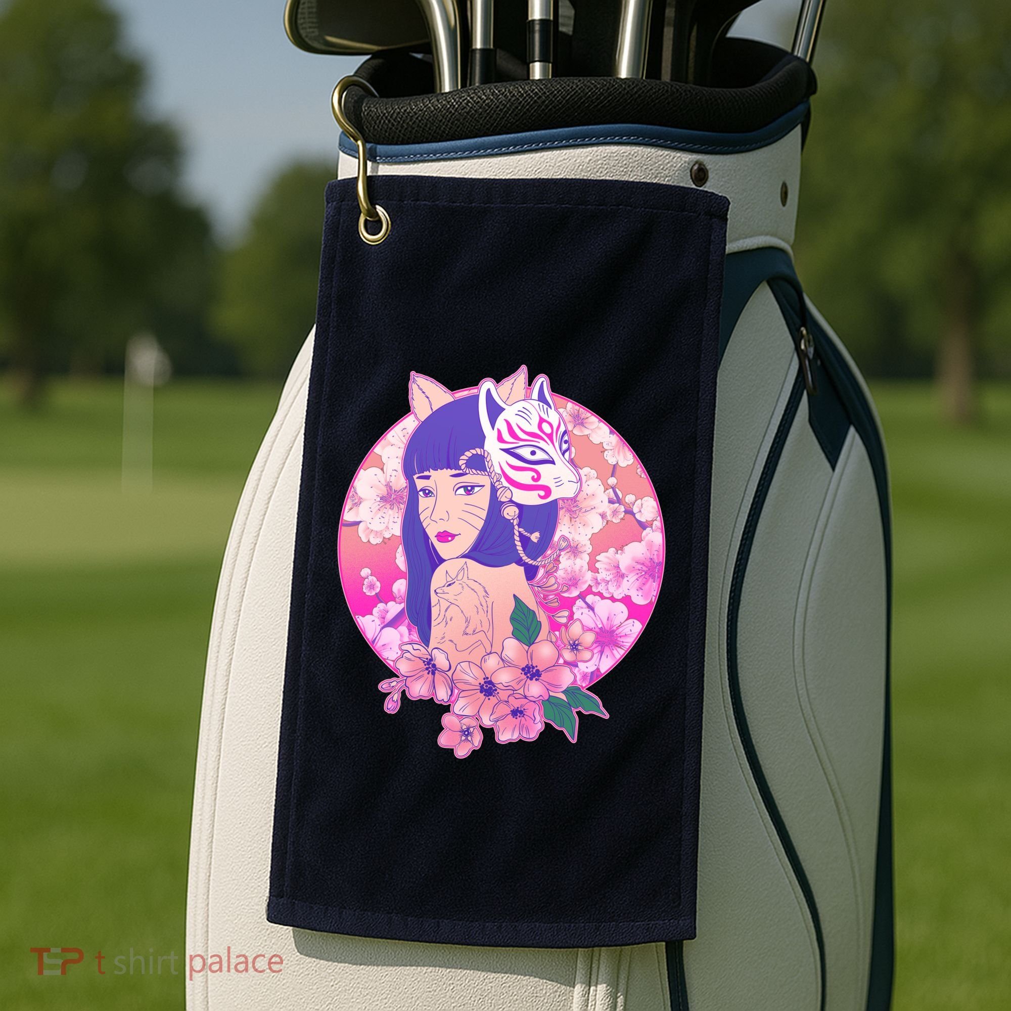 Japanese Cherry Blossoms Kitsune Fox Girl Golf Towel