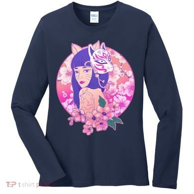 Japanese Cherry Blossoms Kitsune Fox Girl Women's Long Sleeve Shirt