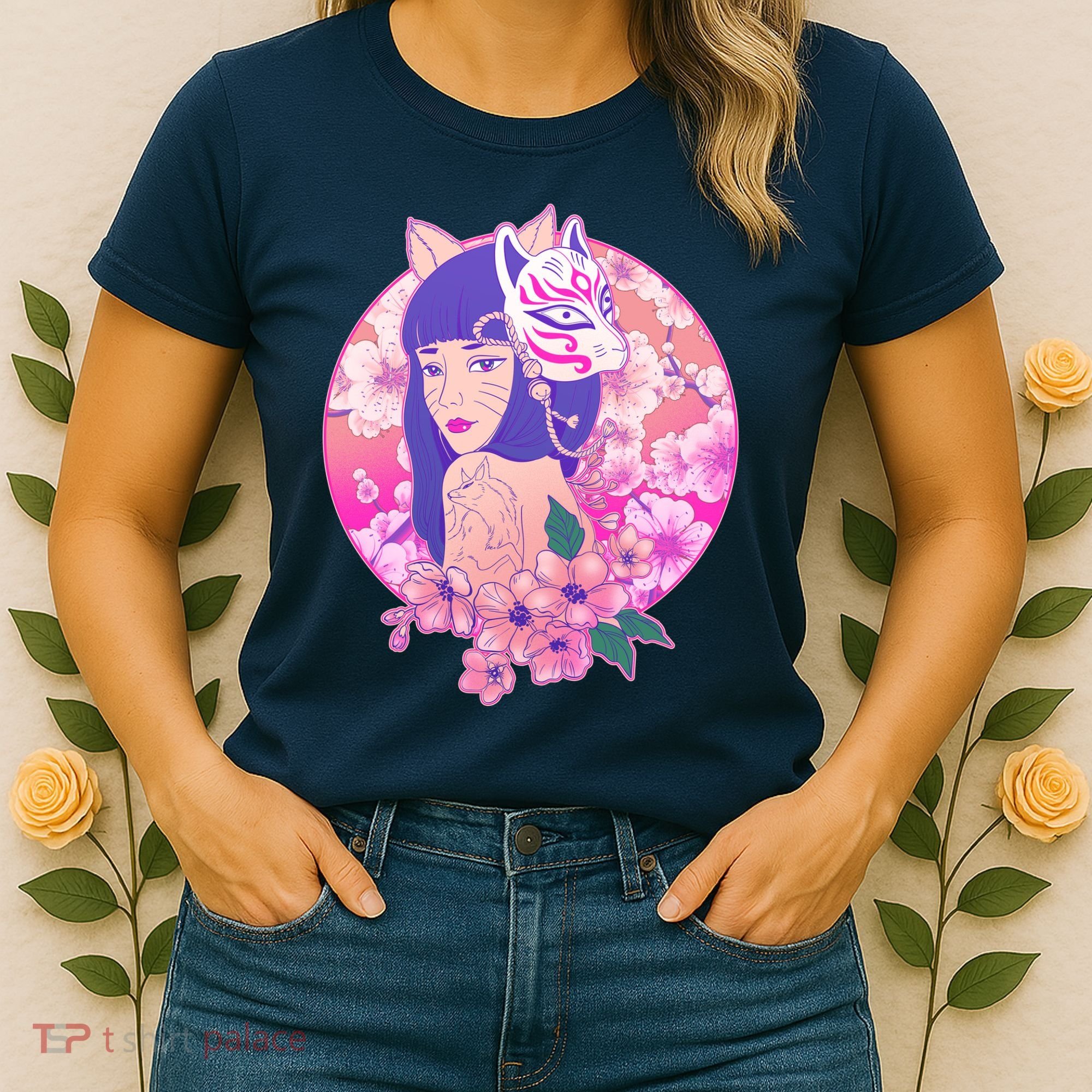 Japanese Cherry Blossoms Kitsune Fox Girl Women's T-Shirt