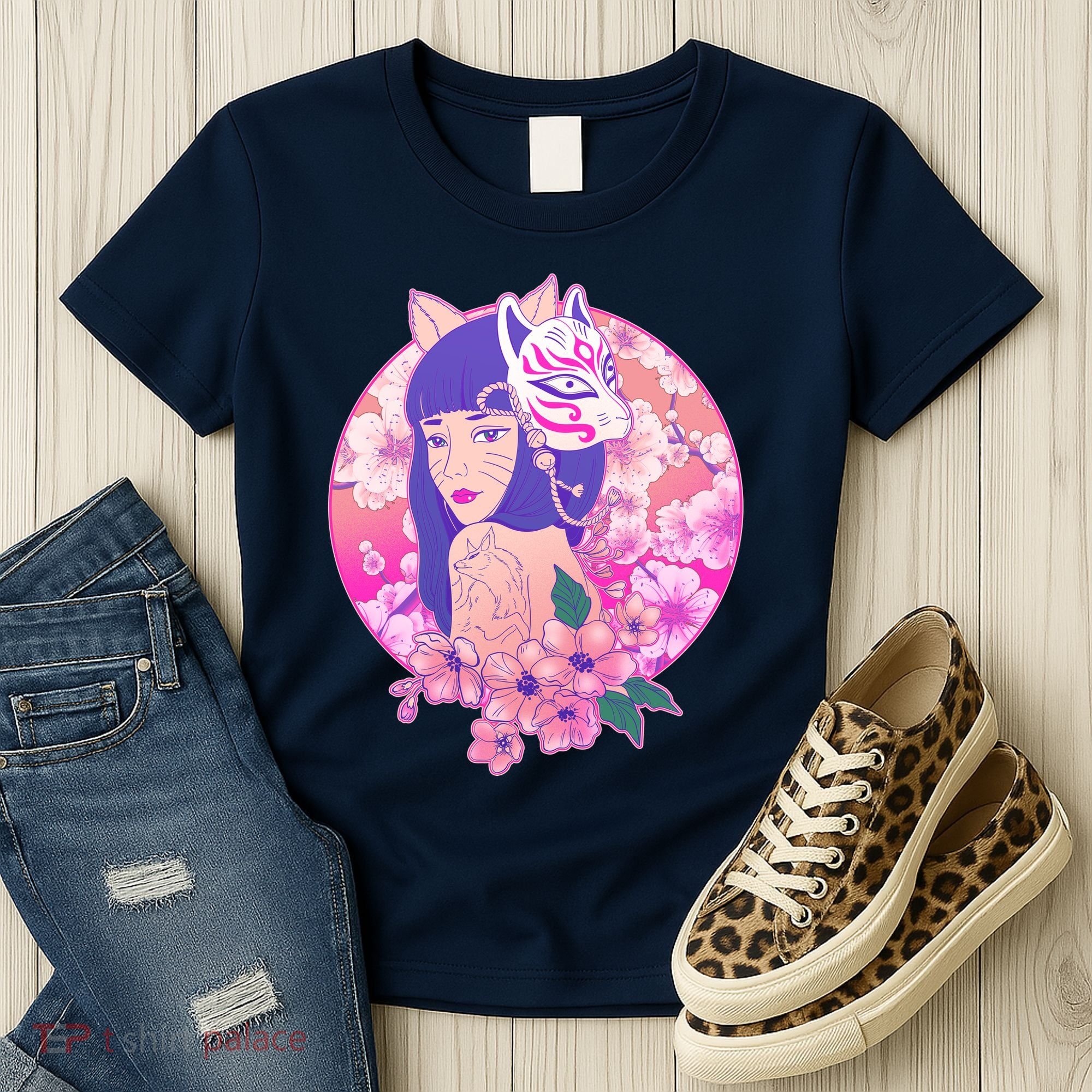 Japanese Cherry Blossoms Kitsune Fox Girl Women's T-Shirt