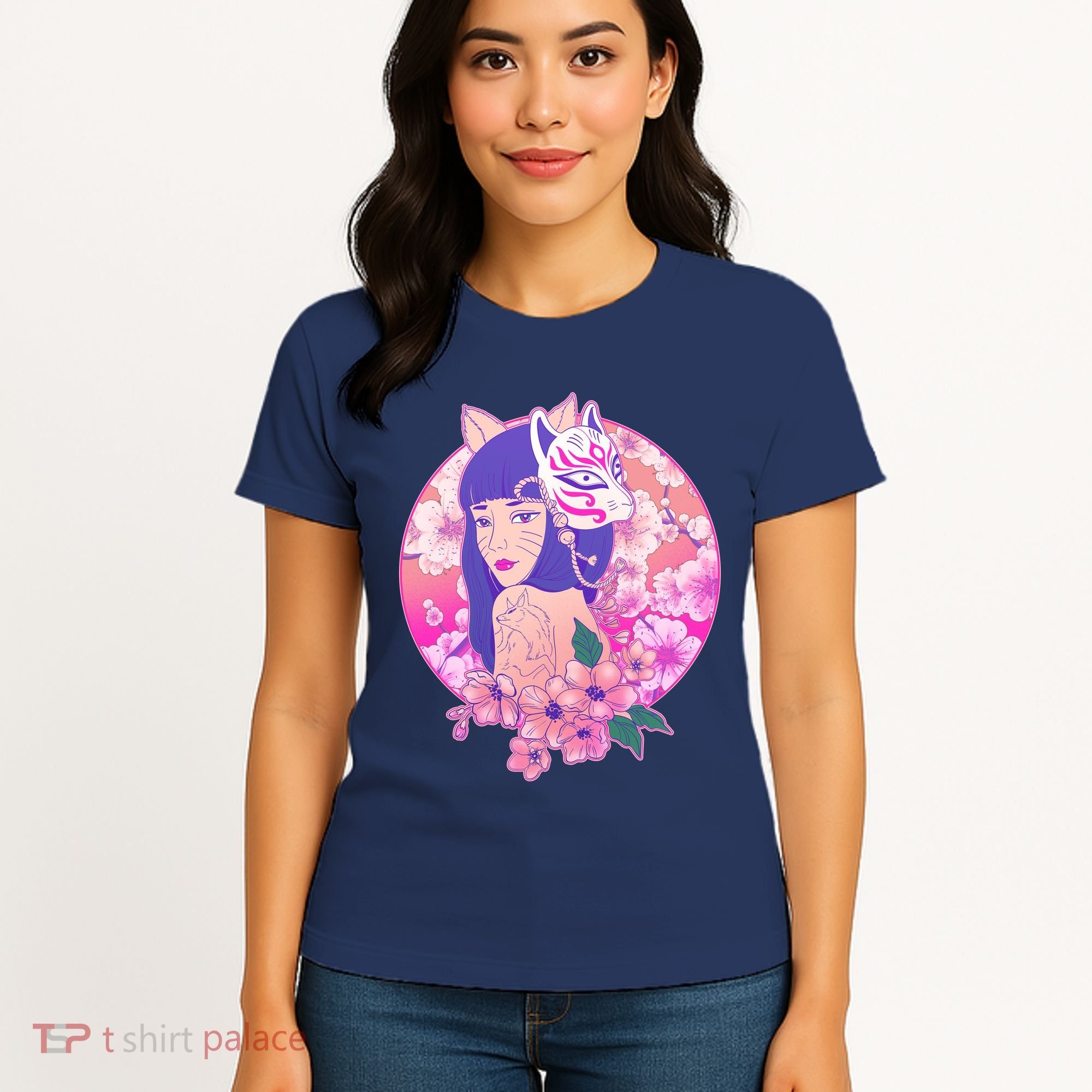 Japanese Cherry Blossoms Kitsune Fox Girl Women's T-Shirt