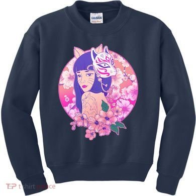 Japanese Cherry Blossoms Kitsune Fox Girl Kids Sweatshirt