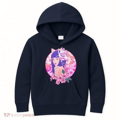 Japanese Cherry Blossoms Kitsune Fox Girl Kids Hoodie