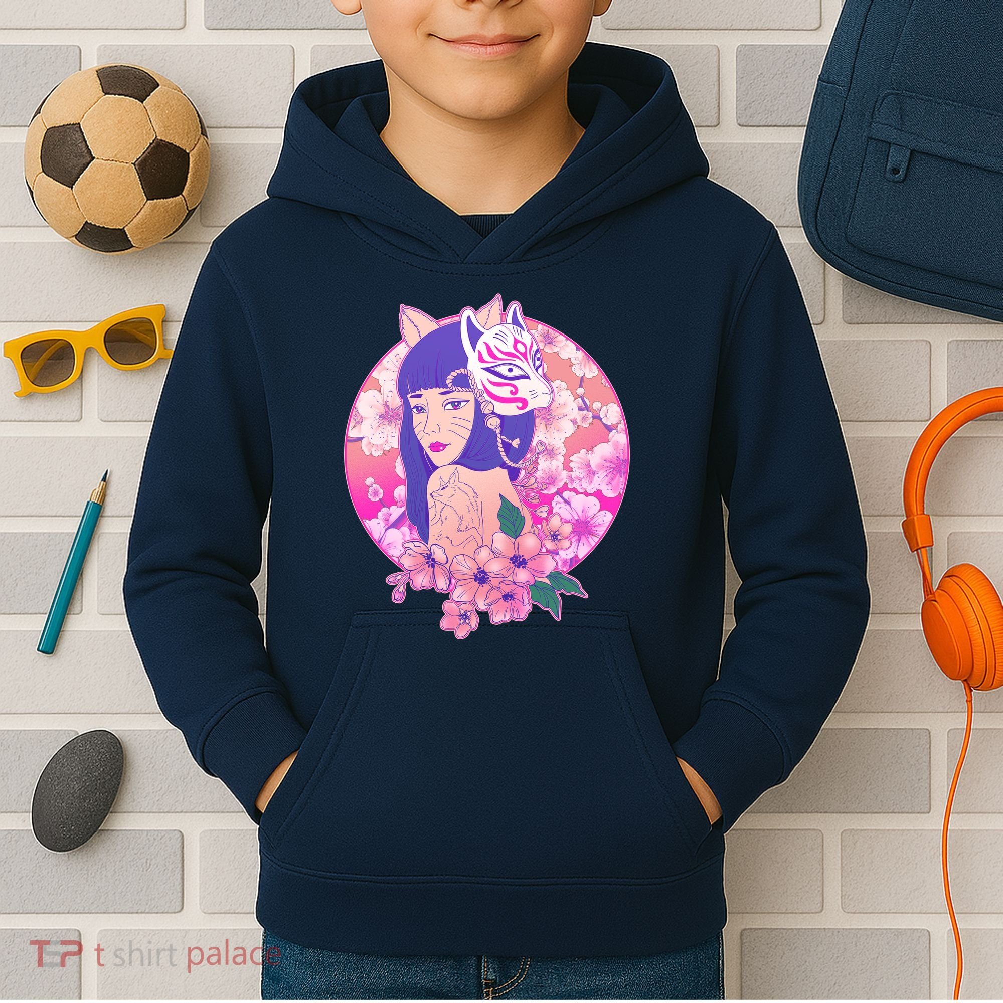 Japanese Cherry Blossoms Kitsune Fox Girl Kids Hoodie