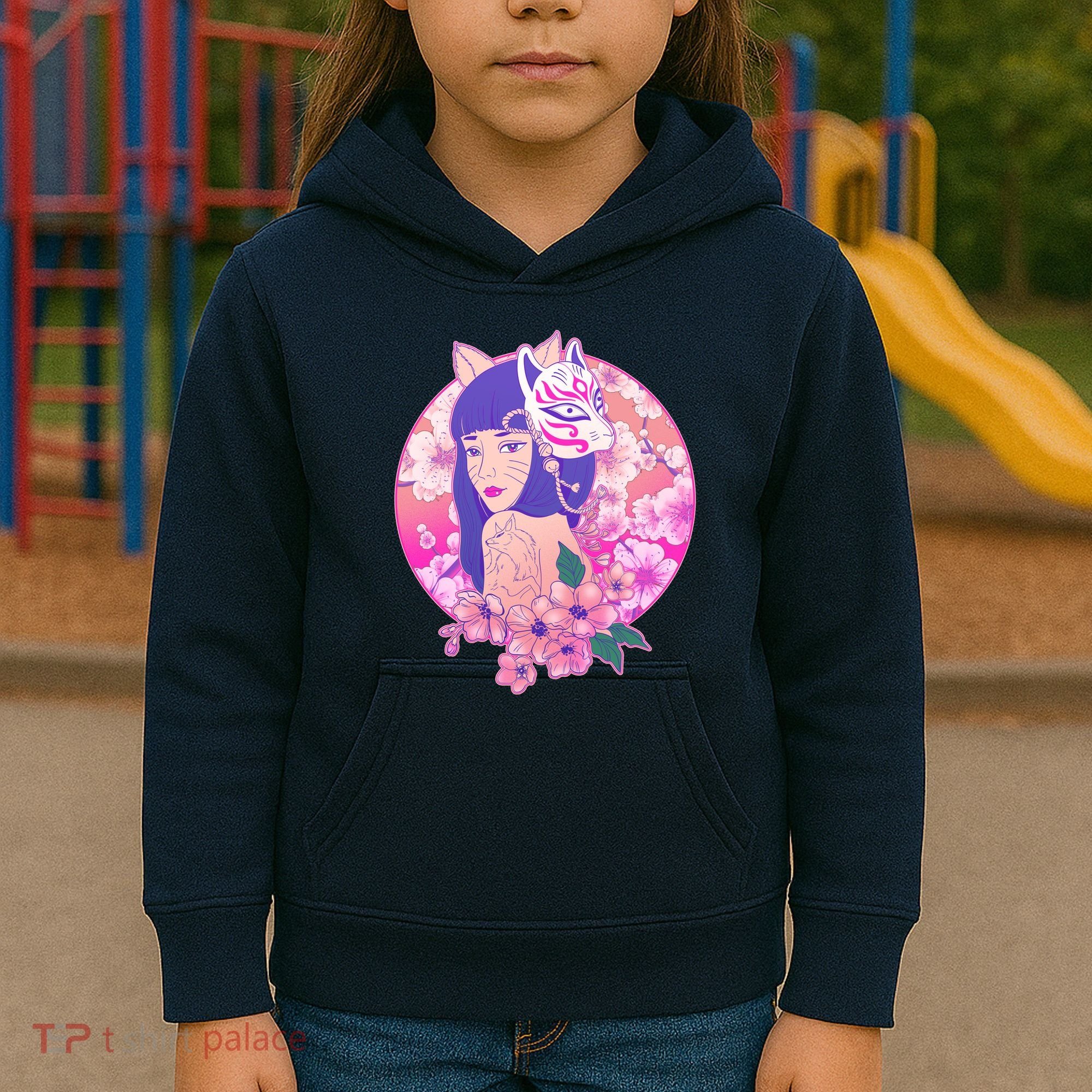 Japanese Cherry Blossoms Kitsune Fox Girl Kids Hoodie
