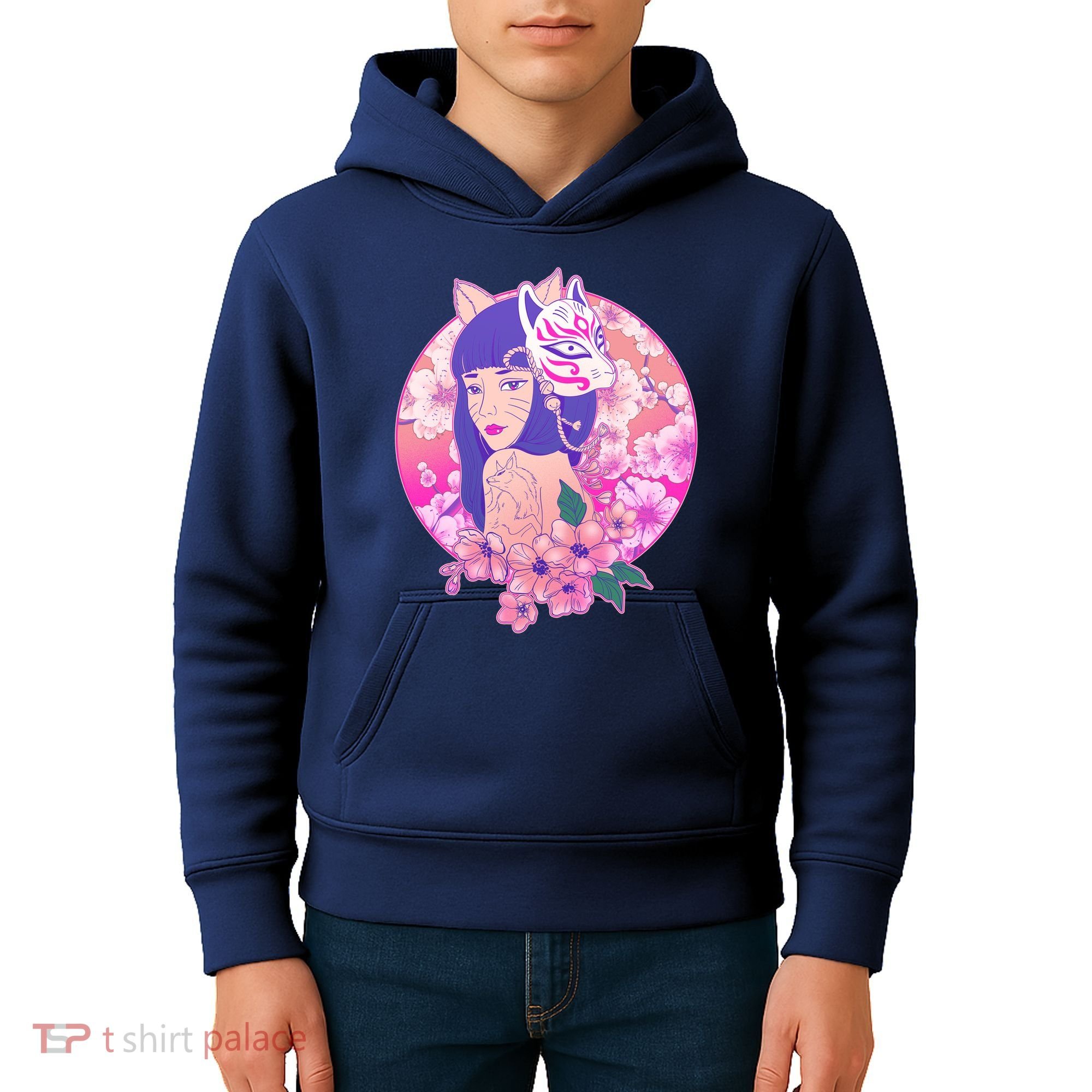 Japanese Cherry Blossoms Kitsune Fox Girl Kids Hoodie