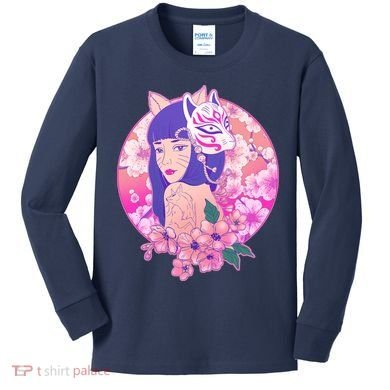 Japanese Cherry Blossoms Kitsune Fox Girl Kids Long Sleeve Shirt