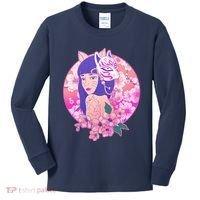 Japanese Cherry Blossoms Kitsune Fox Girl Kids Long Sleeve Shirt thumb 0