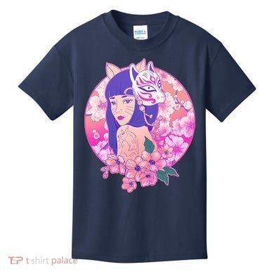 Japanese Cherry Blossoms Kitsune Fox Girl Kids T-Shirt