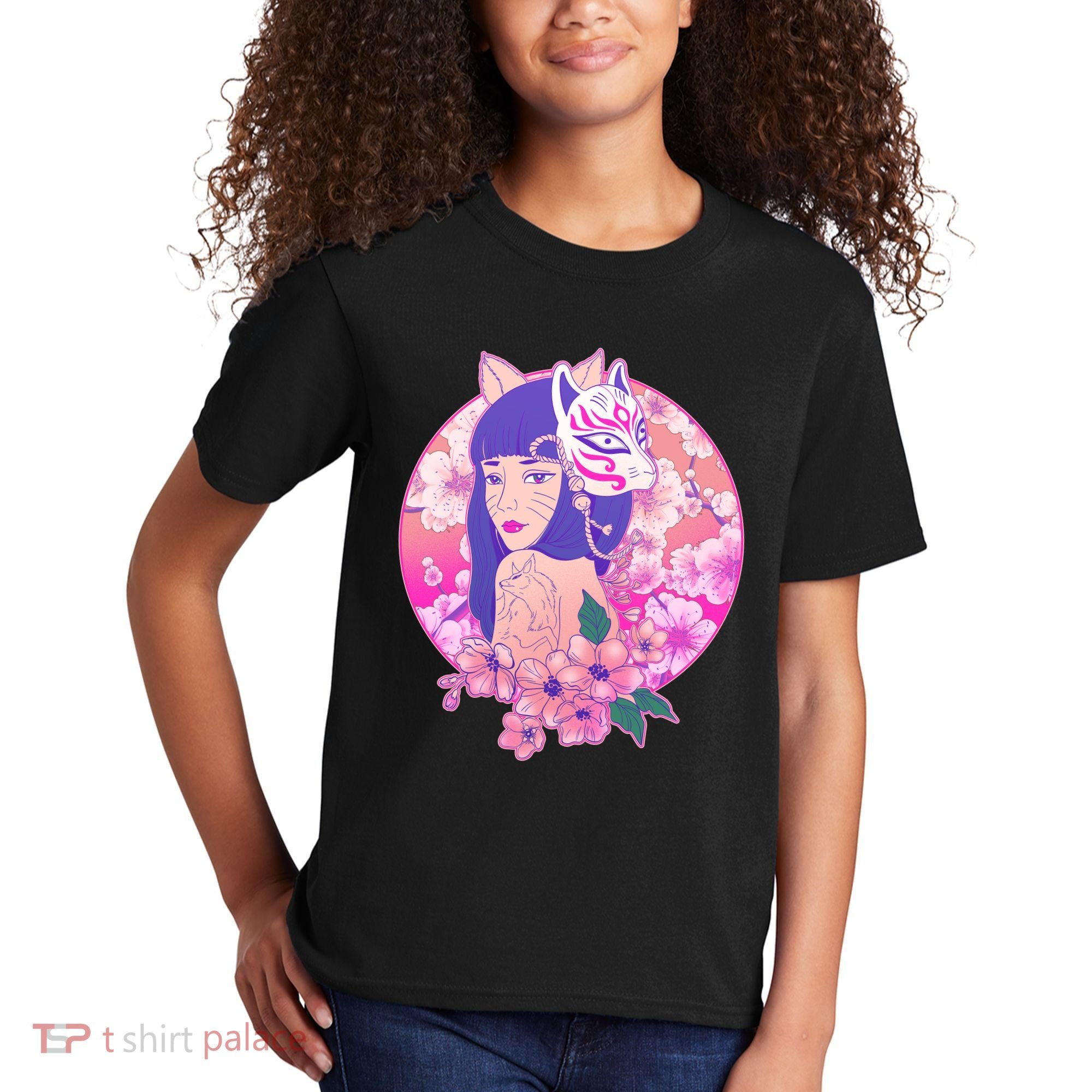 Japanese Cherry Blossoms Kitsune Fox Girl Kids T-Shirt