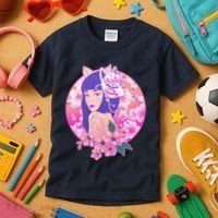 Japanese Cherry Blossoms Kitsune Fox Girl Kids T-Shirt thumb 3