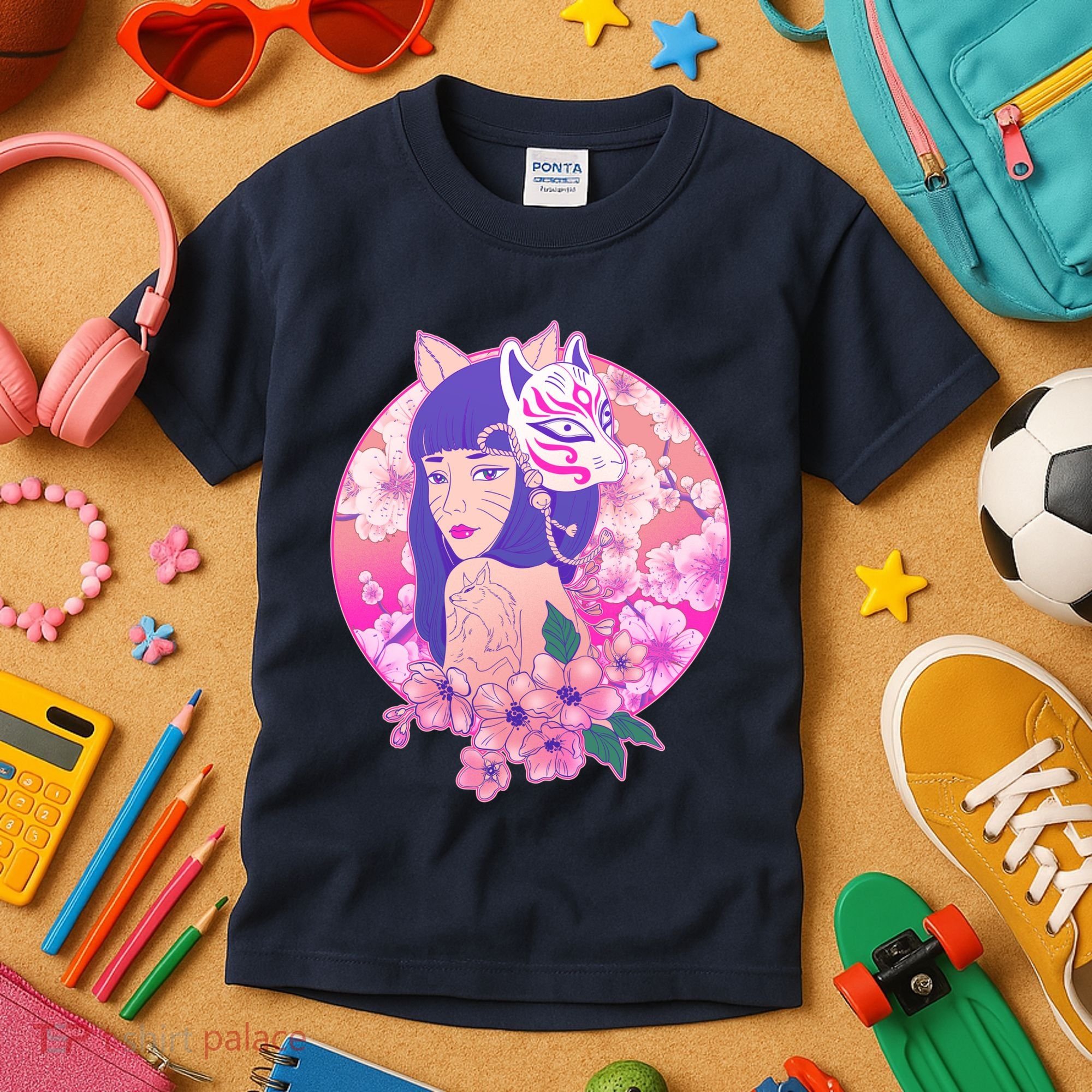 Japanese Cherry Blossoms Kitsune Fox Girl Kids T-Shirt